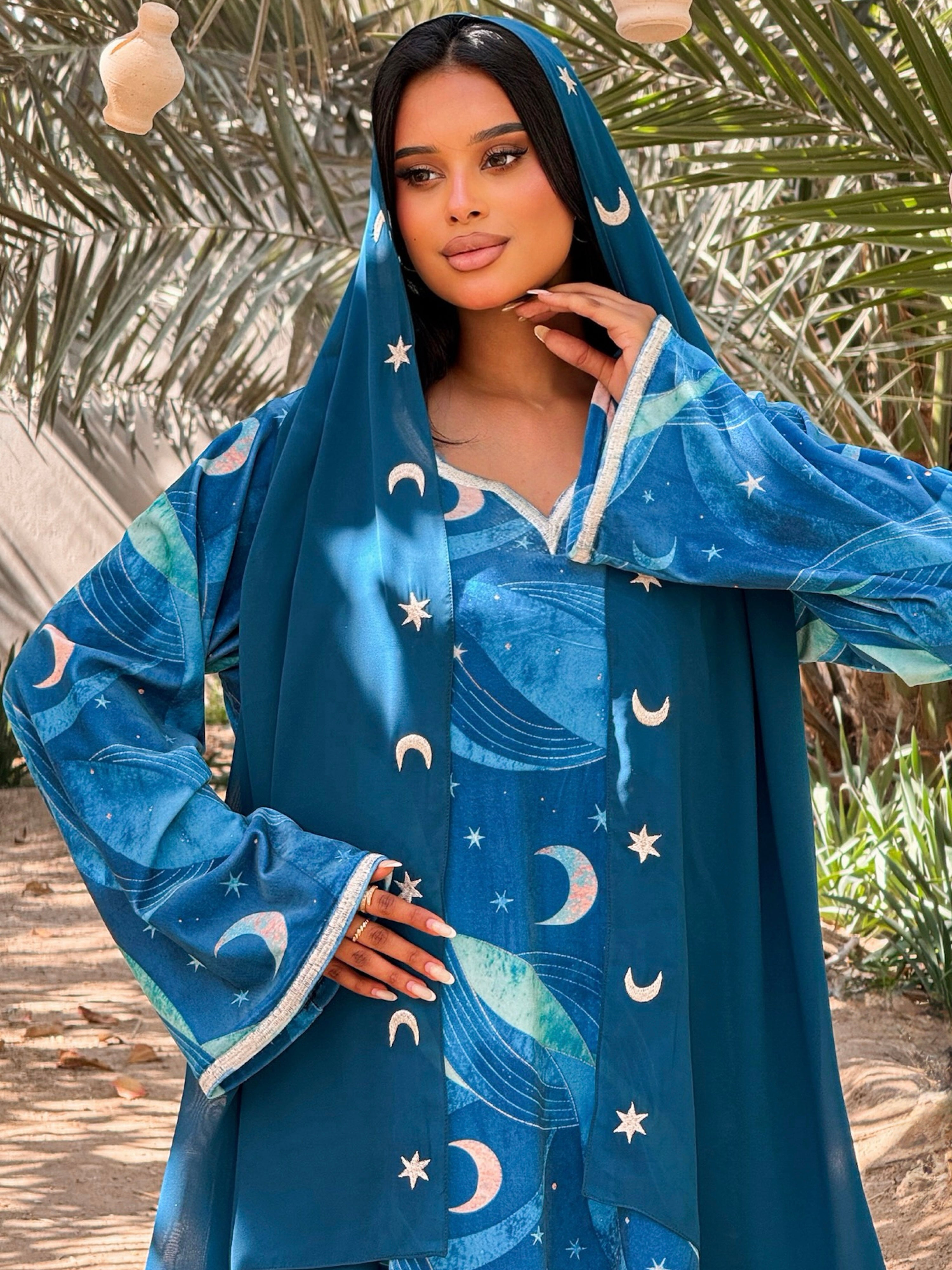 MEI707 - Teal Stars & Moon Embroidered Jalabiya with Headscarf