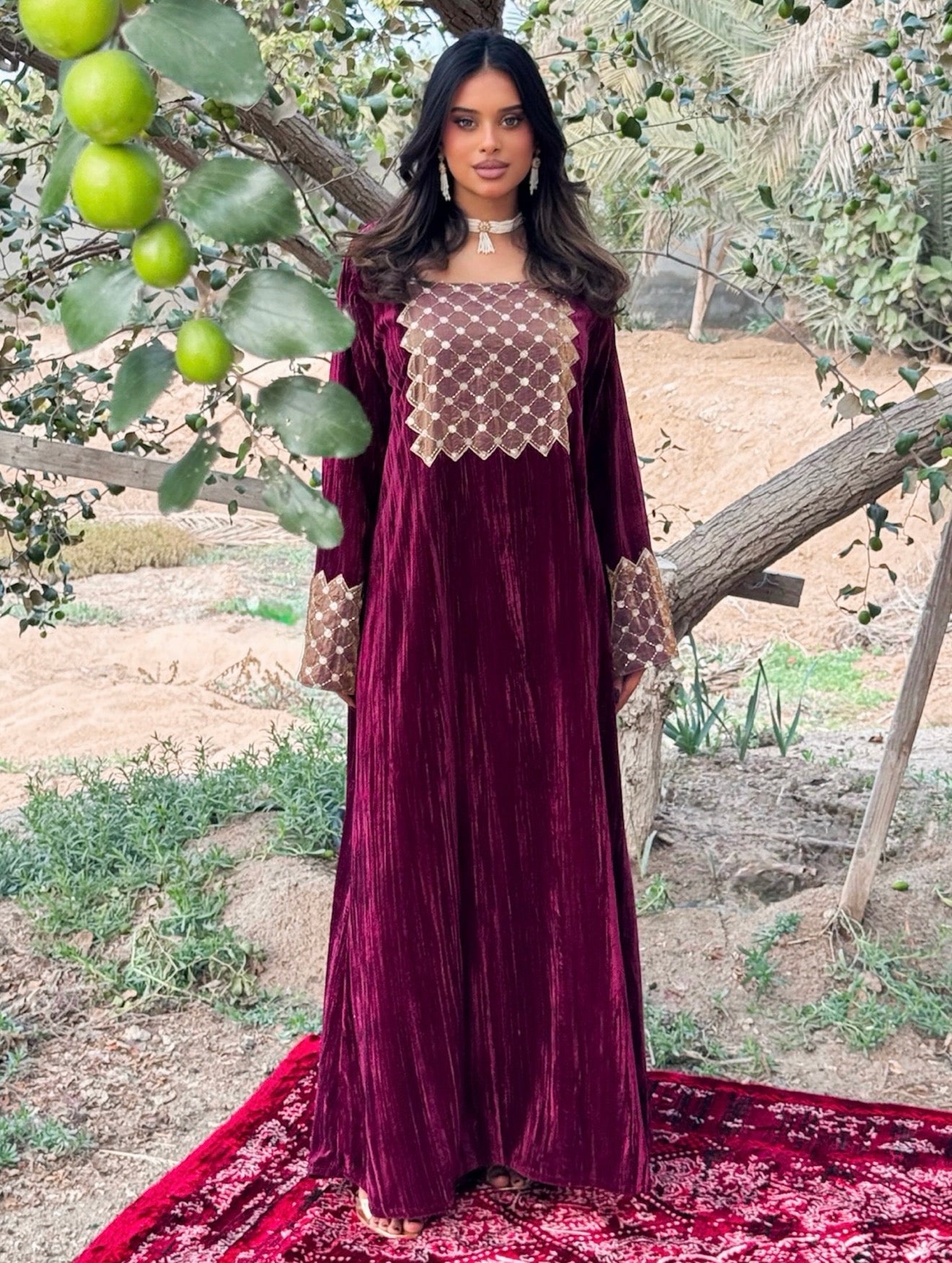 MEI671 - Burgundy Velvet & Embroidered Silk Jalabiya with Headscarf