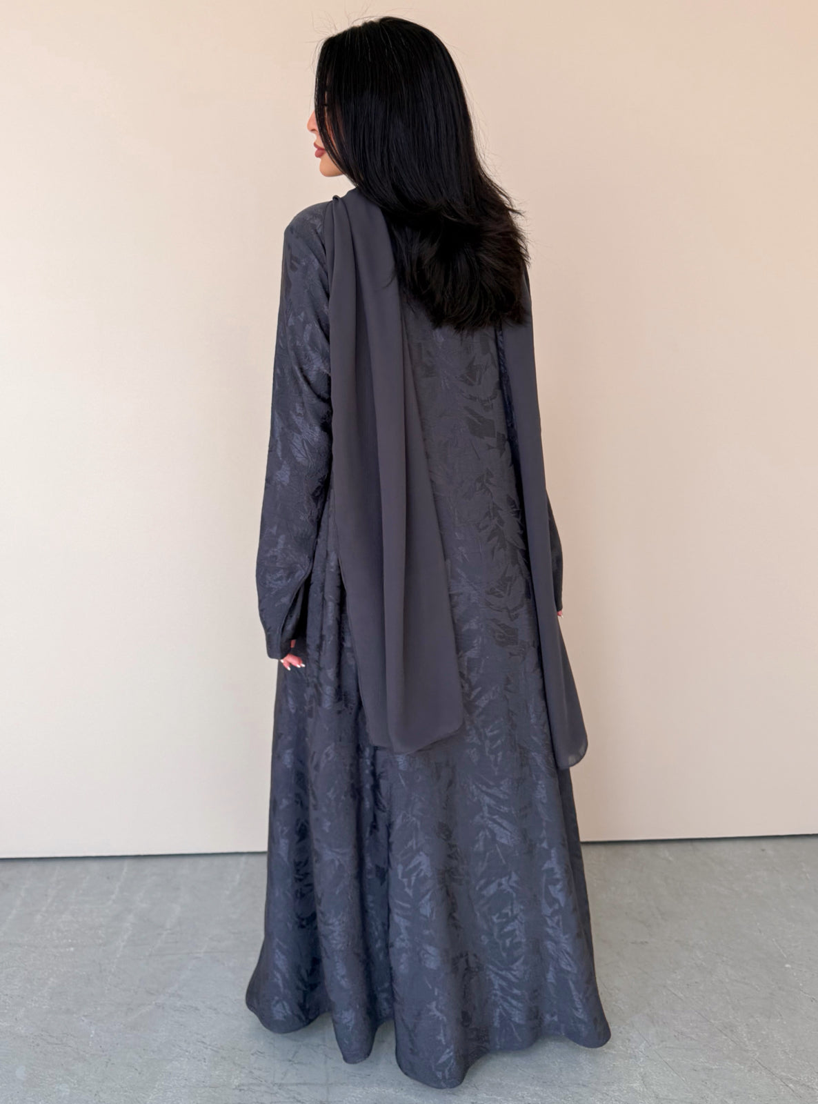 MEI770 - Jacquard A-Cut Abaya in Grey with Matching Headscarf