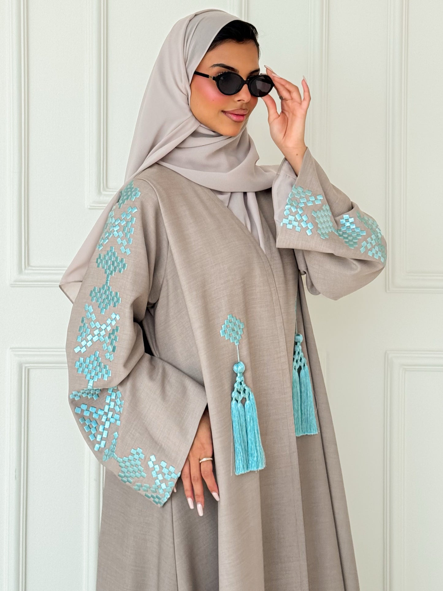MEI622 - Beige Abaya with Light Turquoise Embroidery