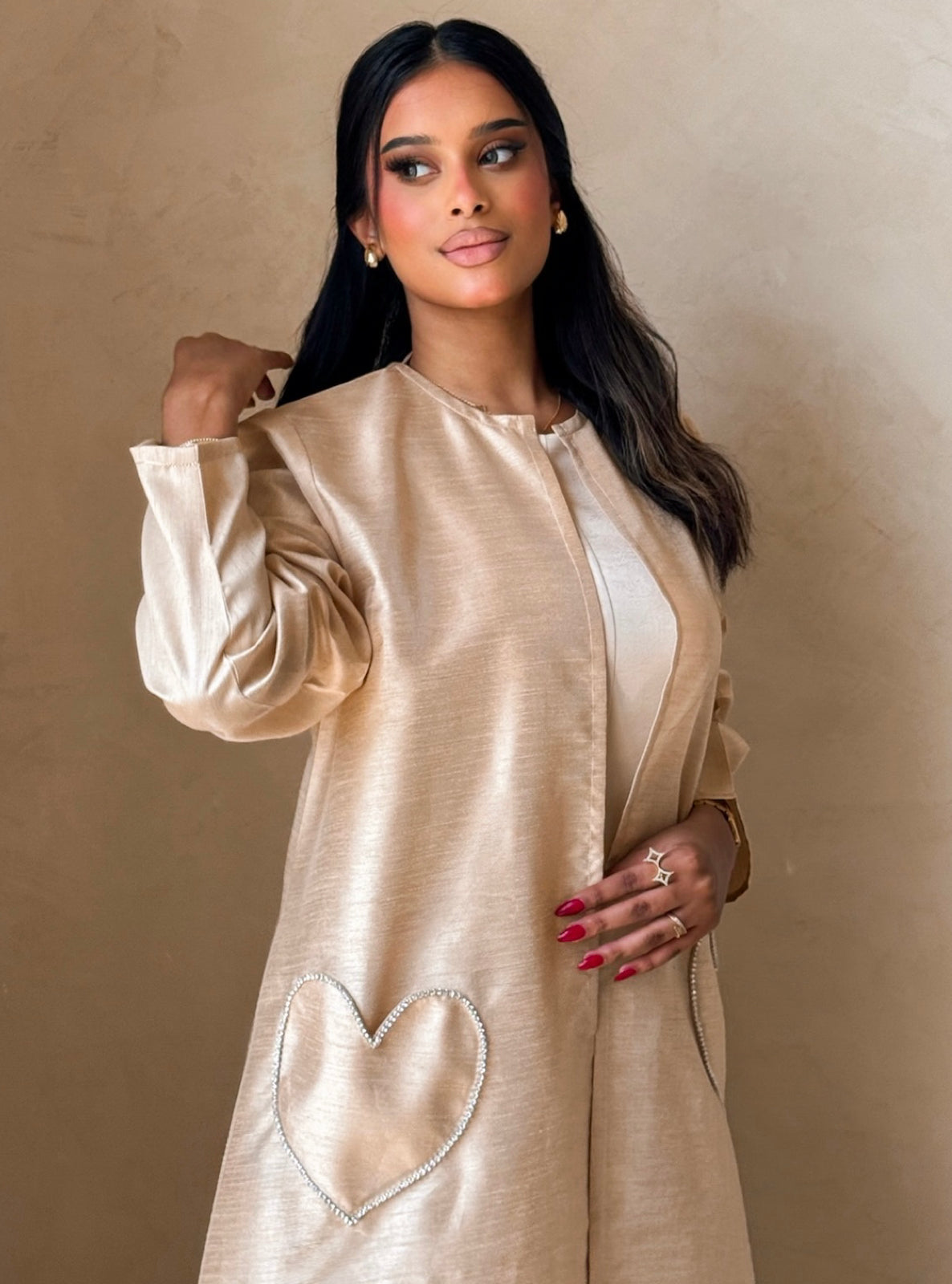 MEI725 - Beige A-Cut Taffeta & Crystals Abaya with Headscarf