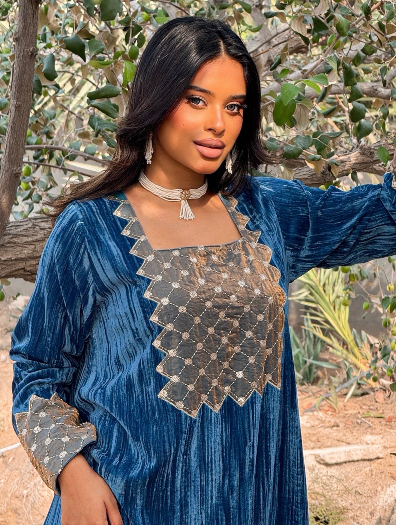 MEI670 - Blue Velvet & Embroidered Silk Jalabiya with Headscarf