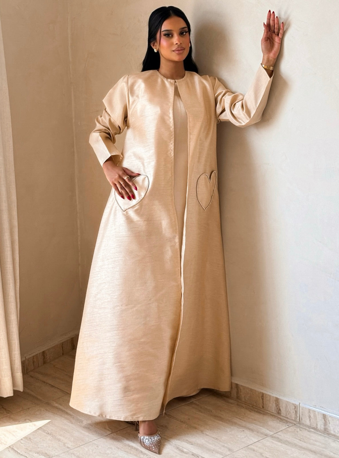 MEI725 - Beige A-Cut Taffeta & Crystals Abaya with Headscarf
