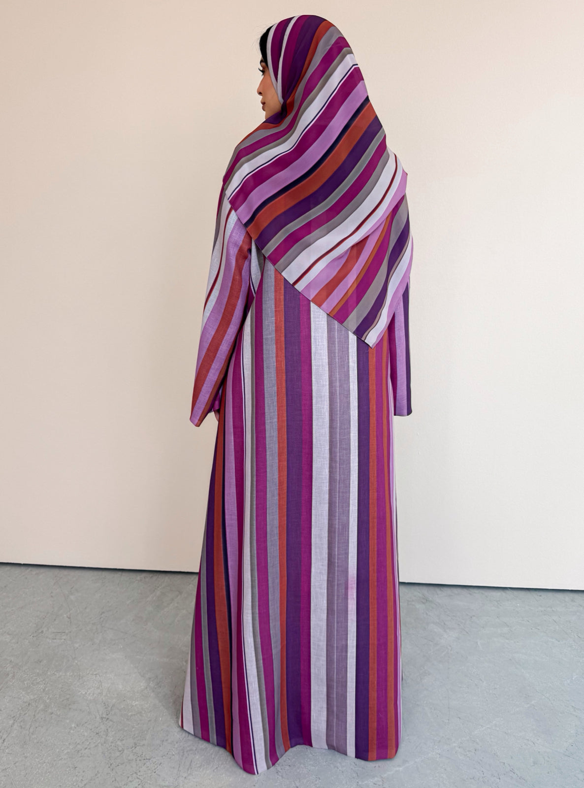 MEI762 - Striped A-Cut Linen Abaya with Matching Headscarf