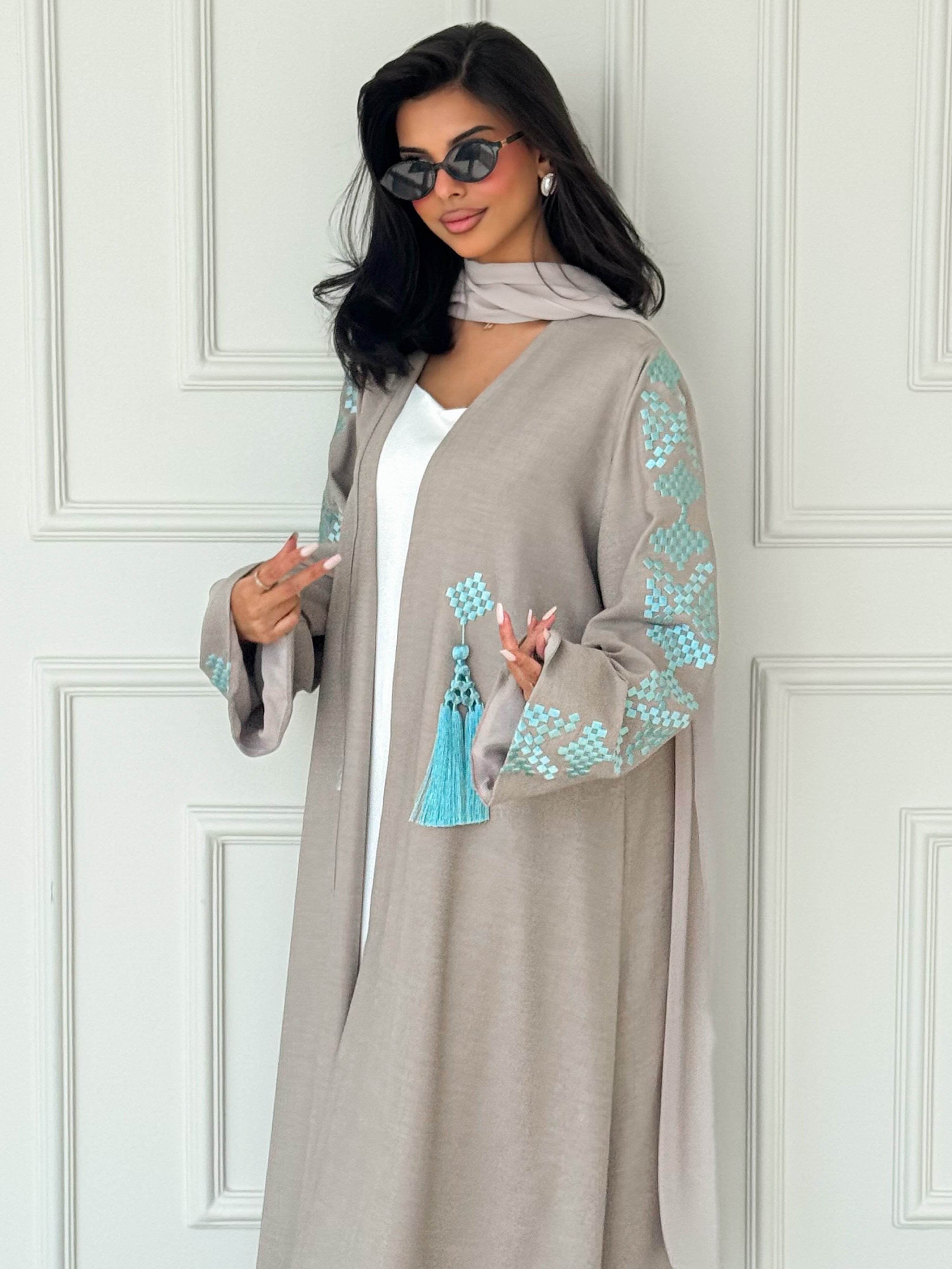 MEI622 - Beige Abaya with Light Turquoise Embroidery