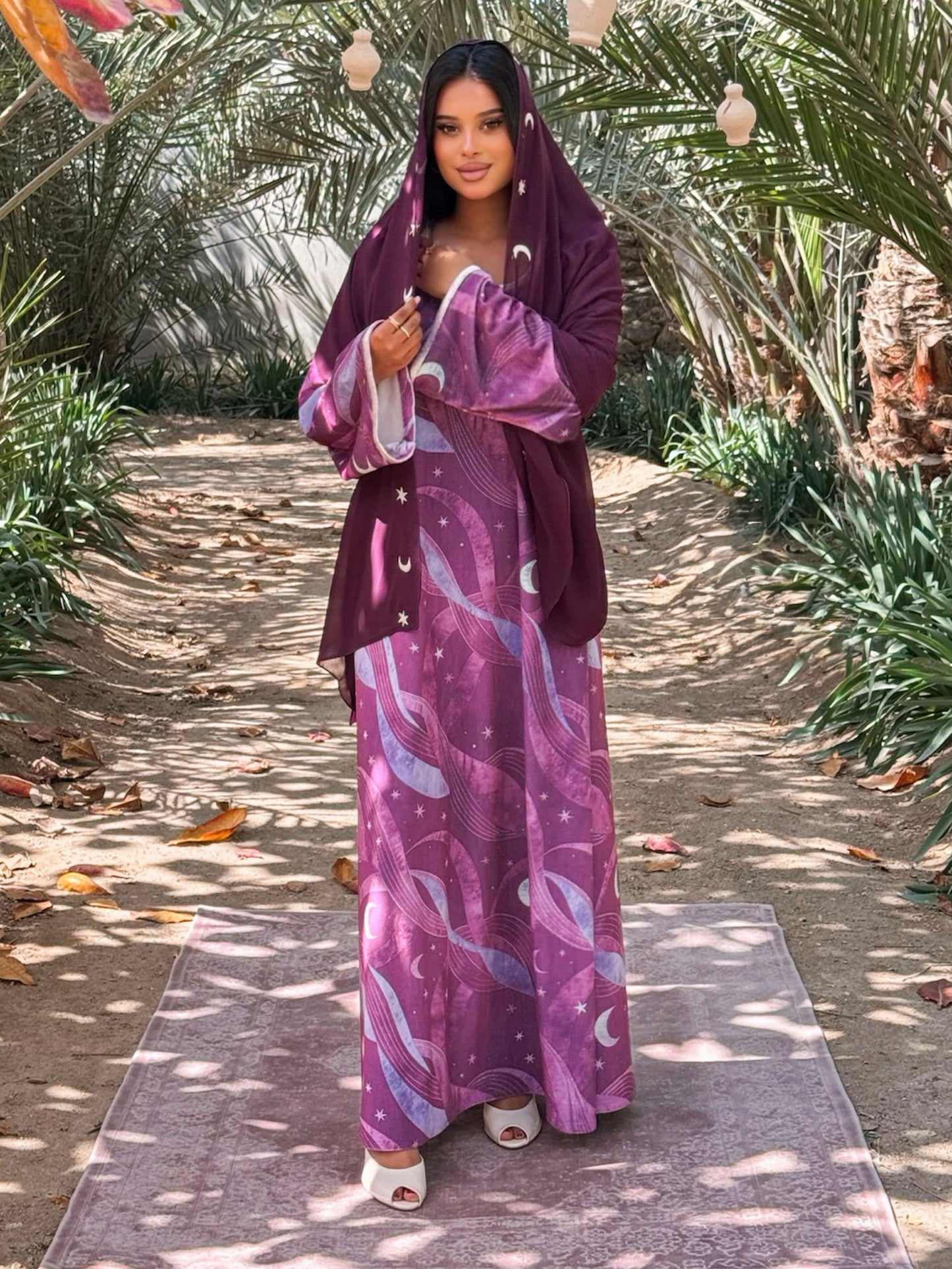 MEI710 - Burgundy Stars & Moon Embroidered Jalabiya with Headscarf