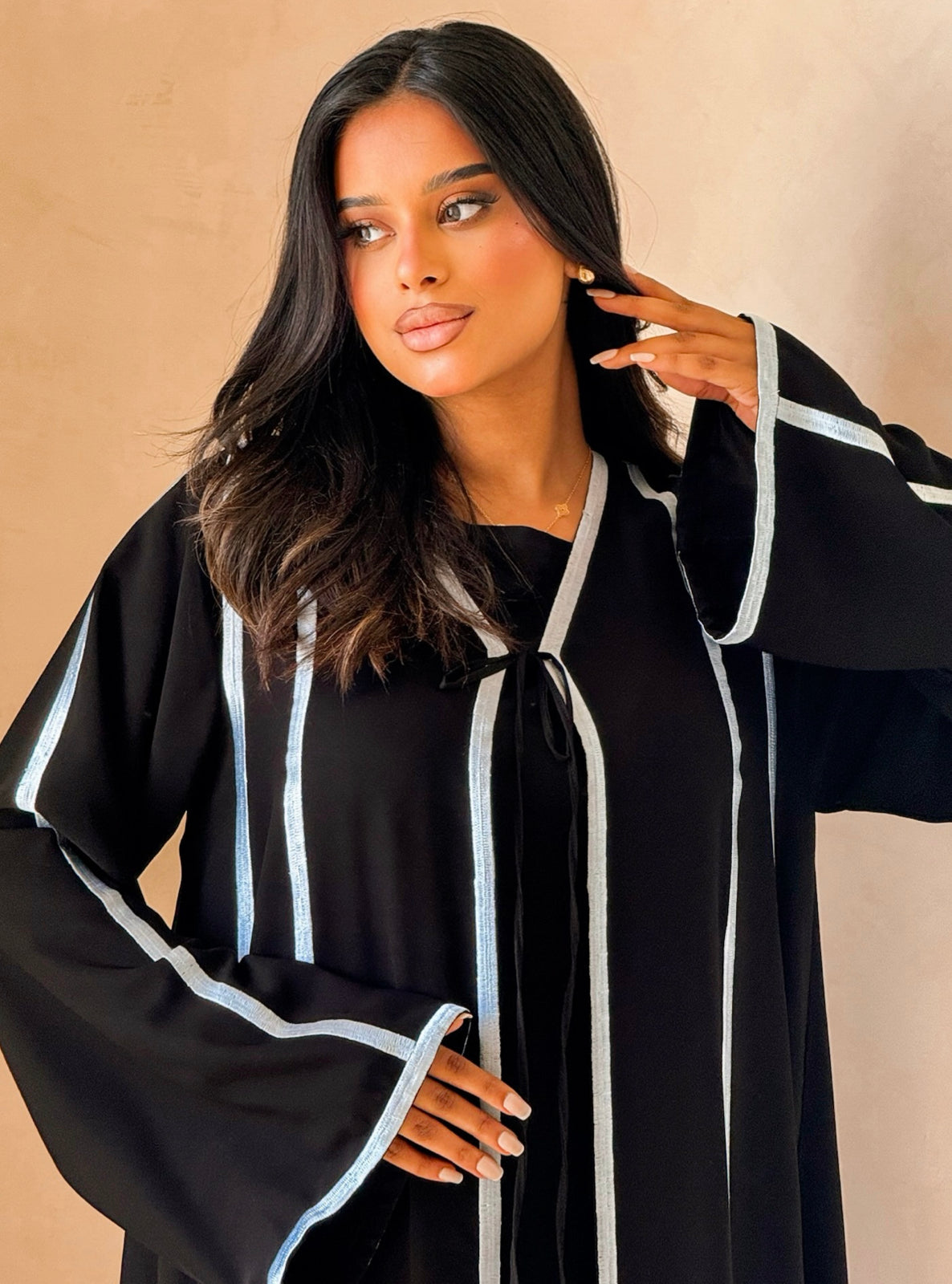 MEI733 - Black A-Cut Abaya with Light Blue Embroidery & Matching Headscarf