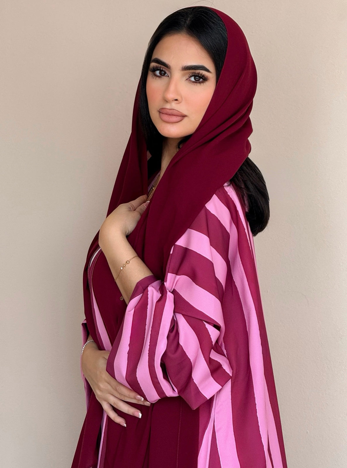 MEI774 - Aria Half Bisht Crepe Abaya in Berry Rose