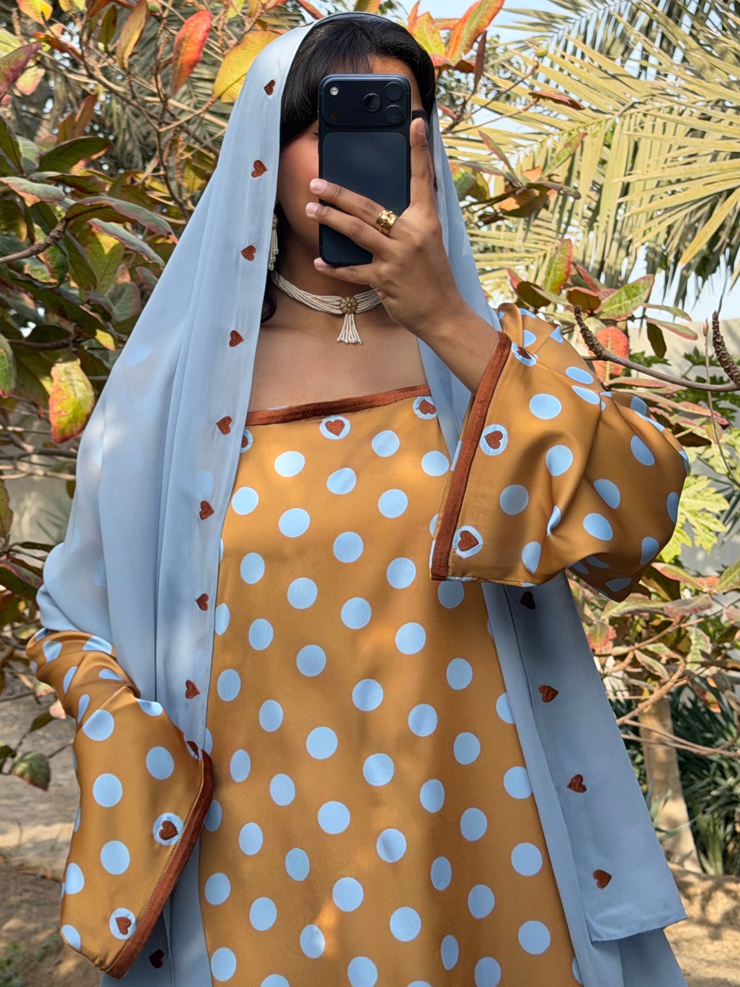 MEI691 - Gold/Baby Blue Polka Dots & Hearts Embroidered Jalabiya with Headscarf