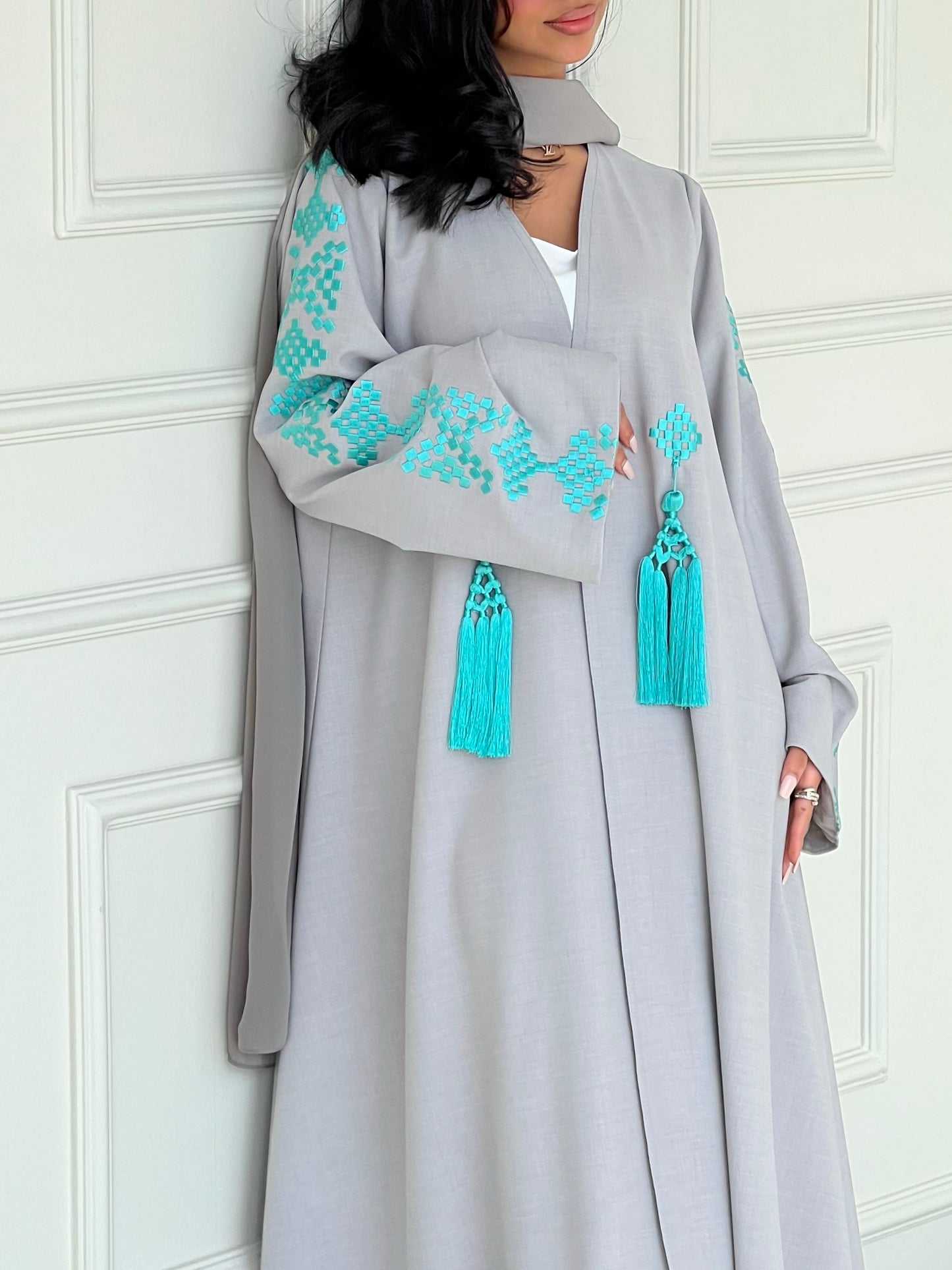MEI619 - Grey Abaya with Turquoise Embroidery