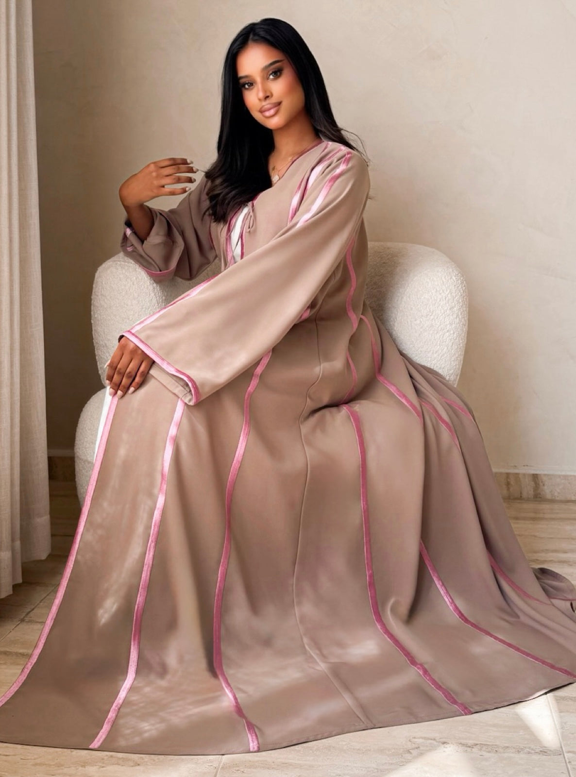 MEI737 - Dark Beige A-Cut Abaya with Pink Embroidery & Matching Headscarf