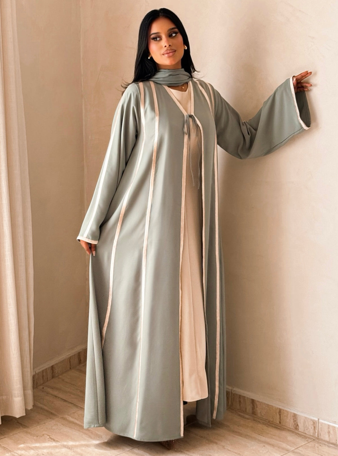 MEI738 - Light Turquoise A-Cut Abaya with Cream Embroidery & Matching Headscarf