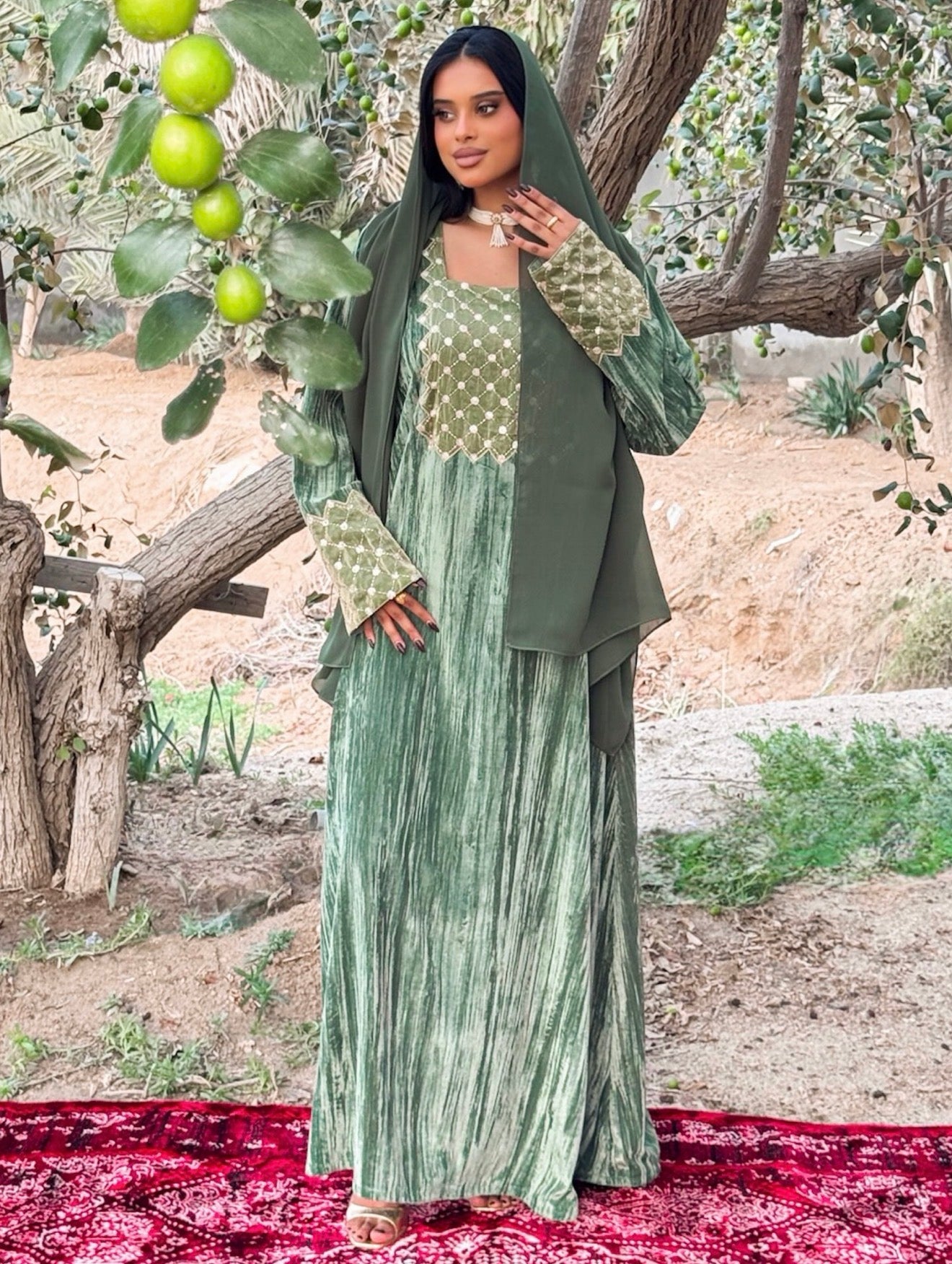 MEI669 - Green Velvet & Embroidered Silk Jalabiya with Headscarf
