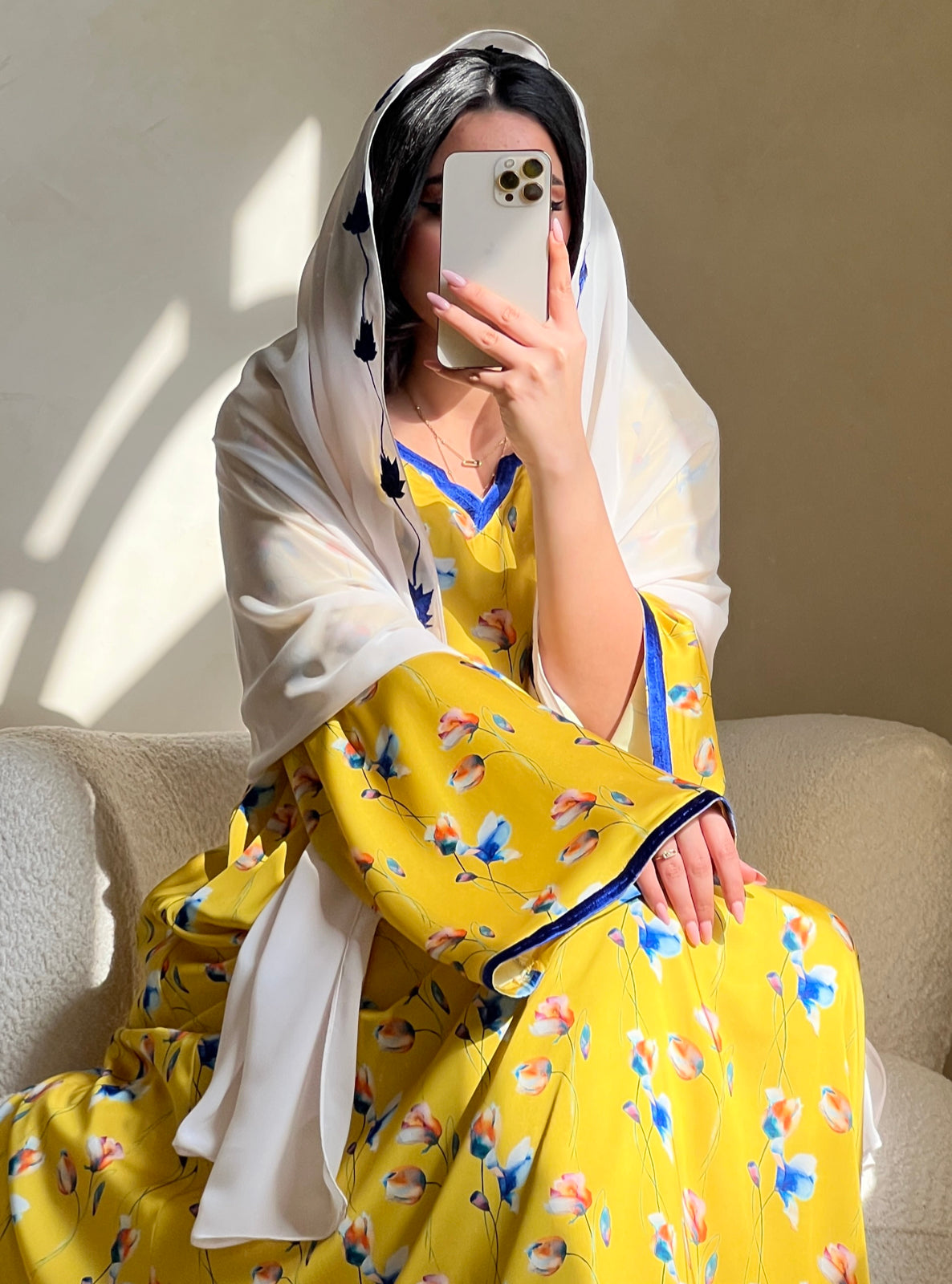 MEI520 - Grace in Yellow Bloom / Floral Embroidered Jalabiya and Shaila