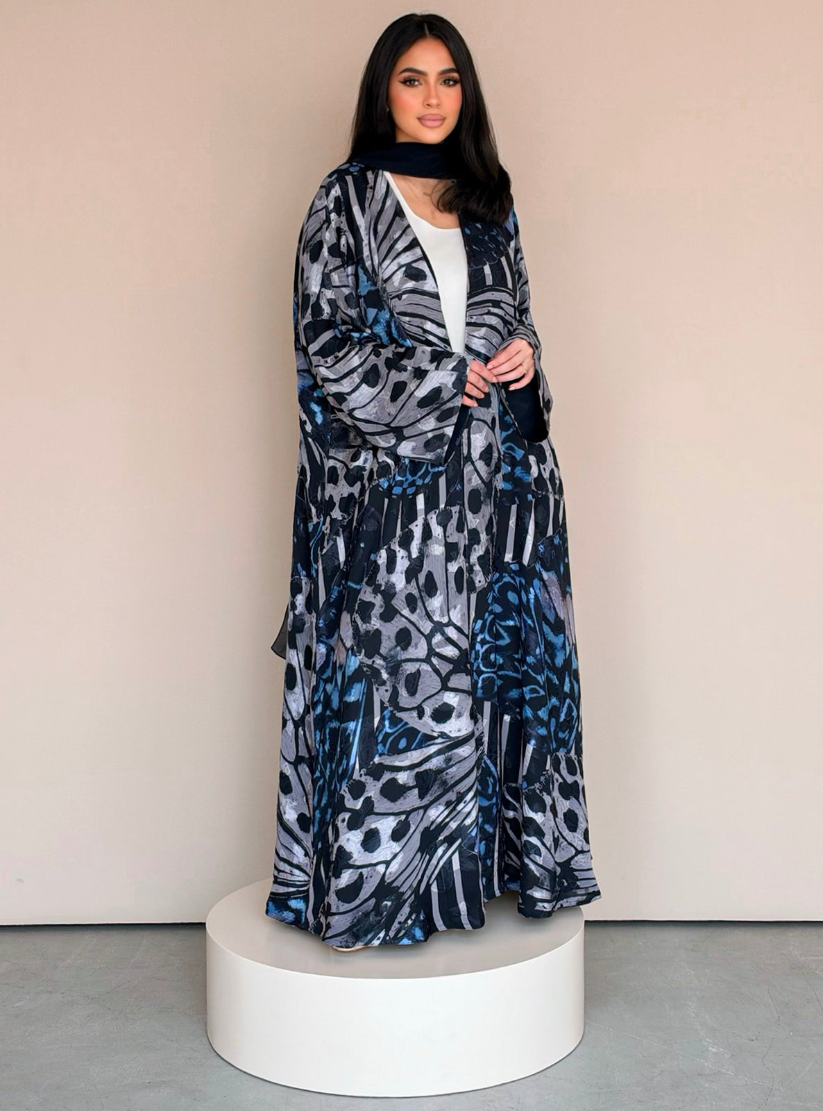 MEI786 - Mixed Prints Half Bisht Abaya with Matching Headscarf