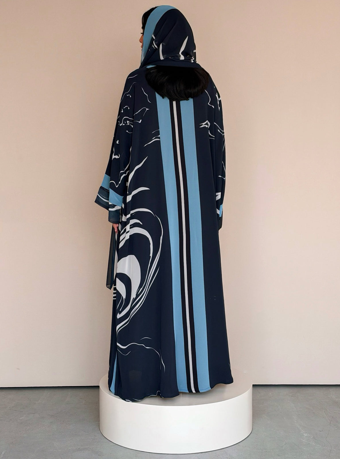 MEI787 - Swirl Print Half Bisht Abaya with Matching Headscarf