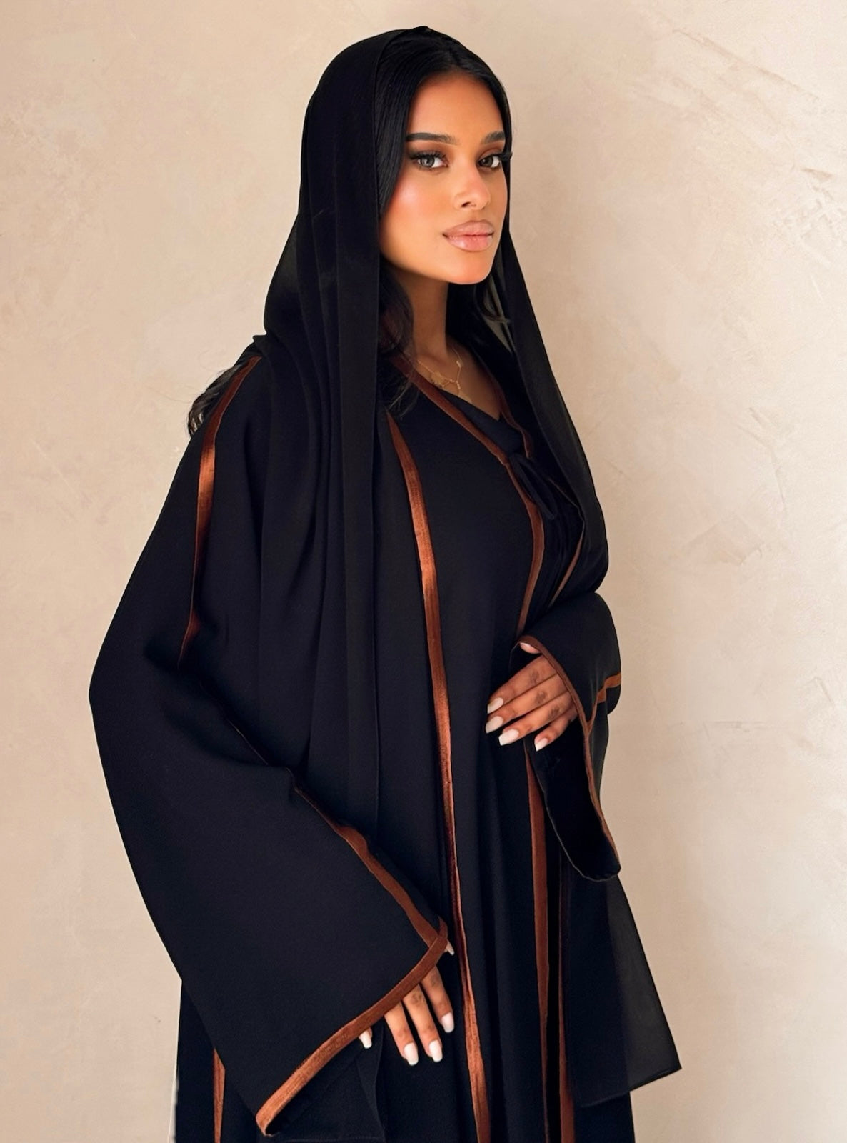 MEI734 - Black A-Cut Abaya with Brown Embroidery & Matching Headscarf