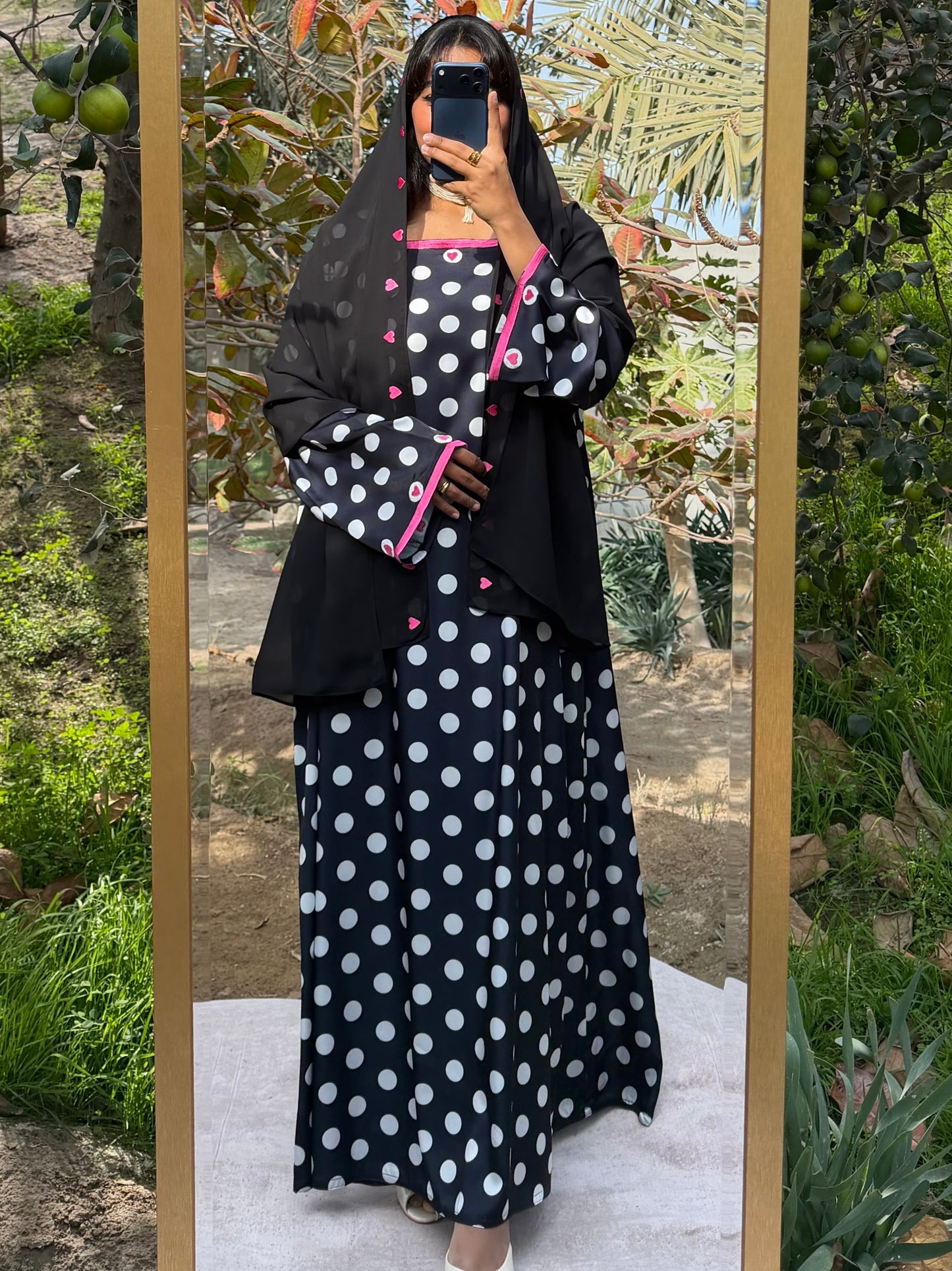 MEI694 - Black/White Polka Dots & Hearts Embroidered Jalabiya with Headscarf