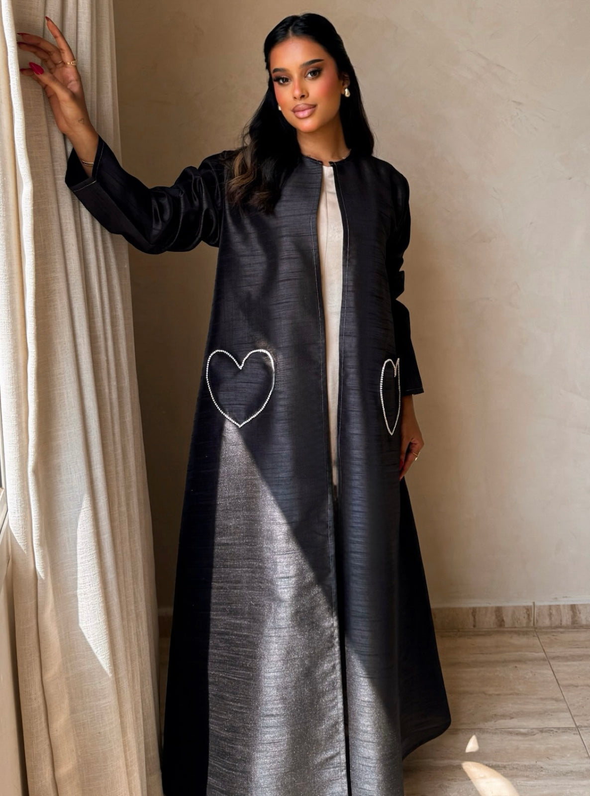 MEI730 - Black A-Cut Taffeta & Crystals Abaya with Headscarf