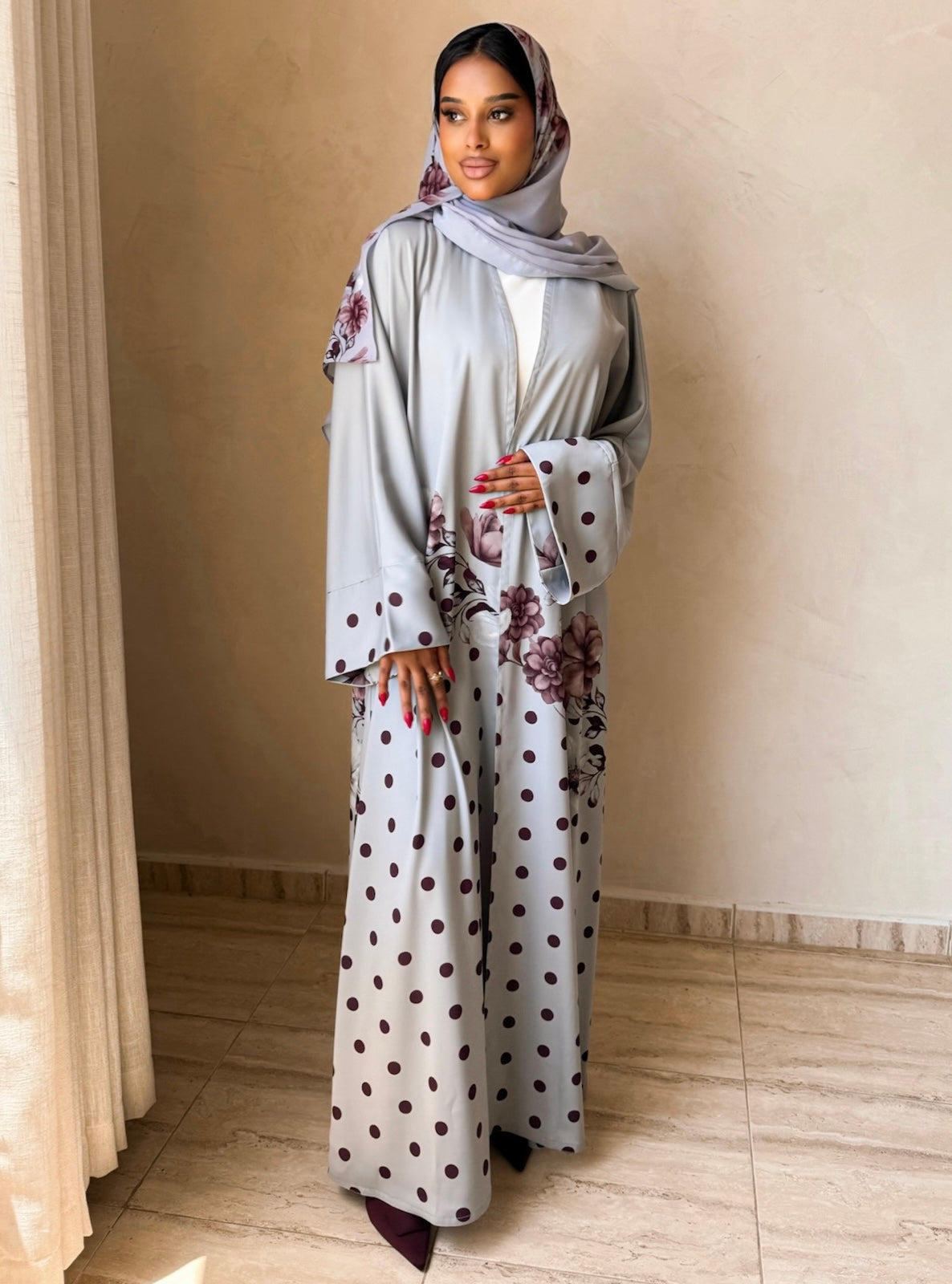 MEI741 - Grey Half Bisht Polka Floral Abaya with Matching Headscarf