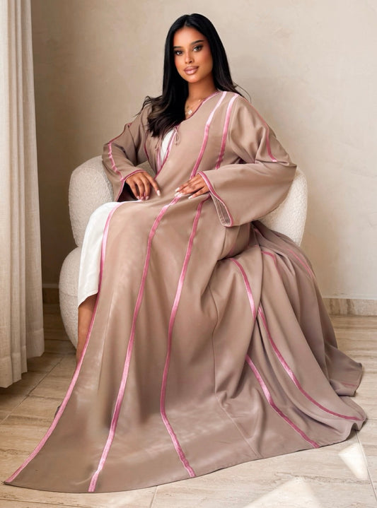 MEI737 - Dark Beige A-Cut Abaya with Pink Embroidery & Matching Headscarf