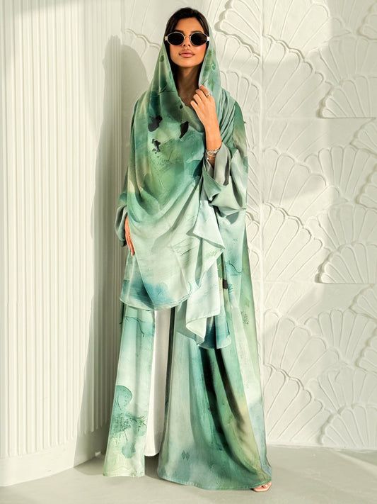 MEI627 - Green Floral Print Abaya