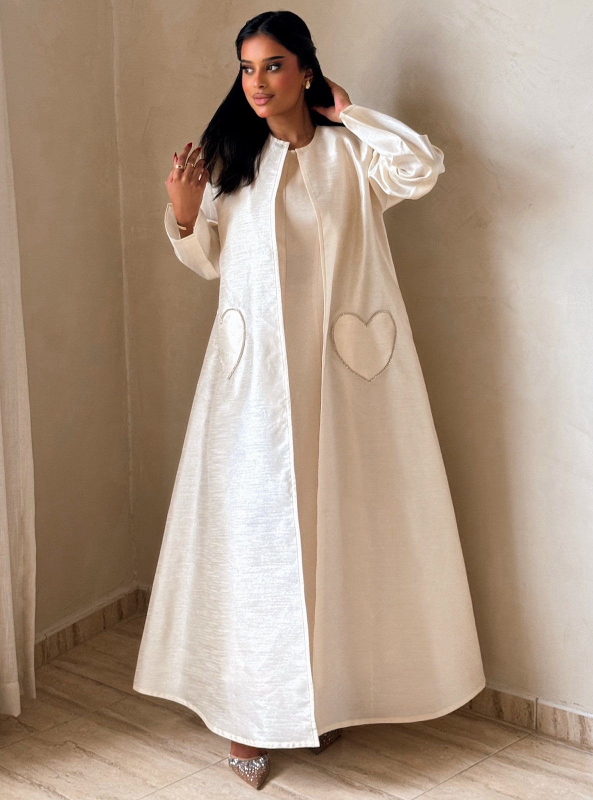 MEI729 - Off White A-Cut Taffeta & Crystals Abaya with Headscarf