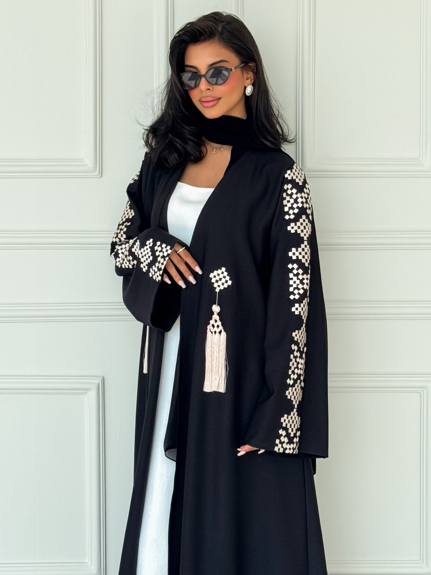MEI621 - Black Abaya with Beige Embroidery