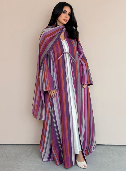 MEI762 - Striped A-Cut Linen Abaya with Matching Headscarf