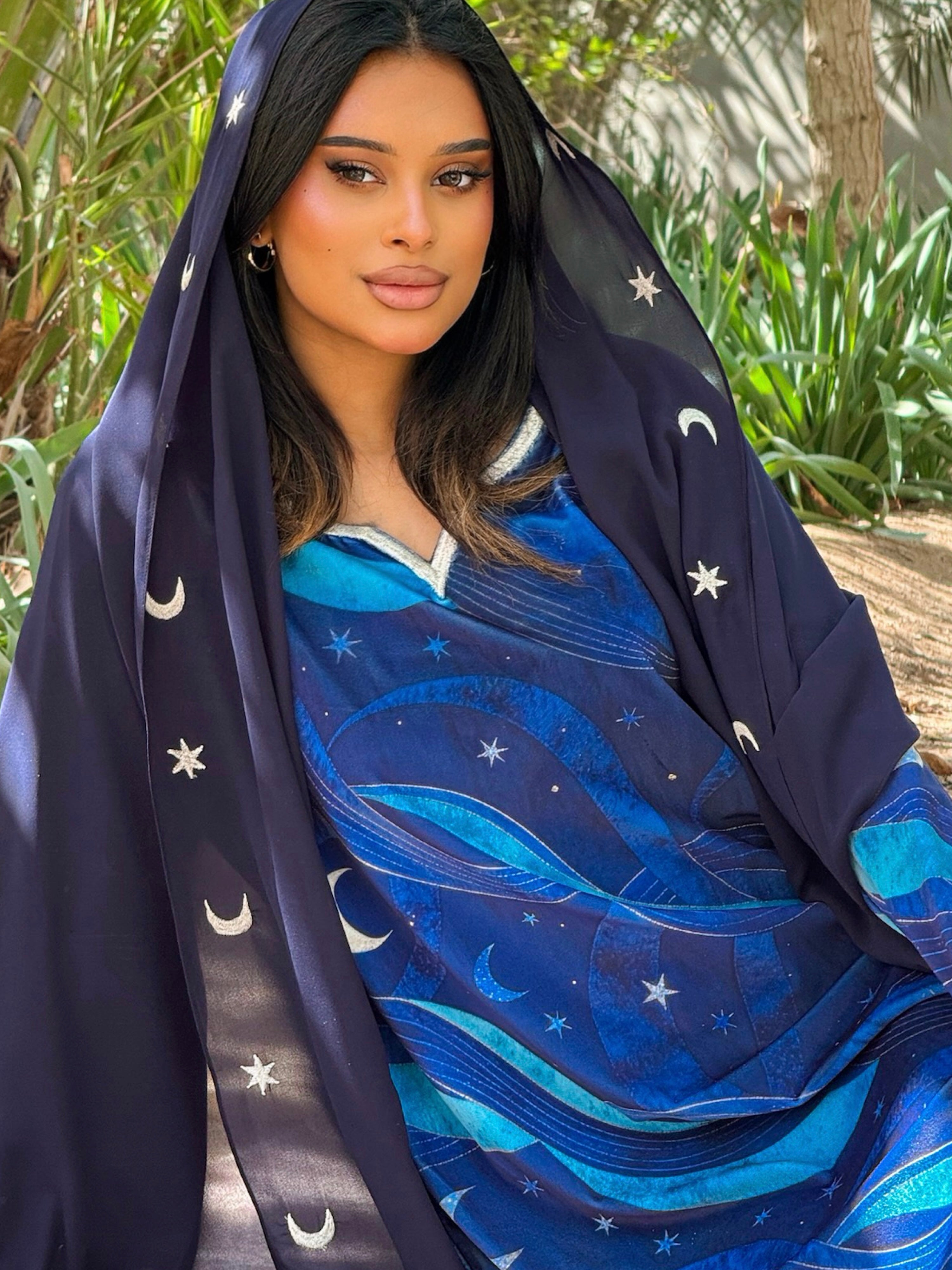 MEI709 - Navy Stars & Moon Embroidered Jalabiya with Headscarf