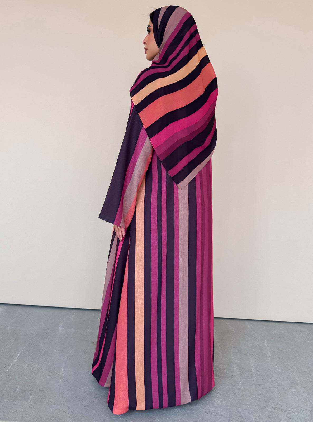 MEI764 - Striped A-Cut Linen Abaya with Matching Headscarf