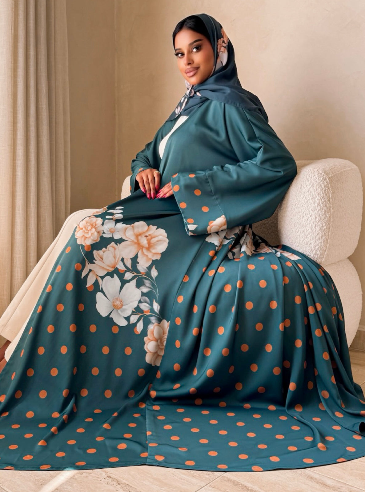 MEI739 - Teal Half Bisht Polka Floral Abaya with Matching Headscarf