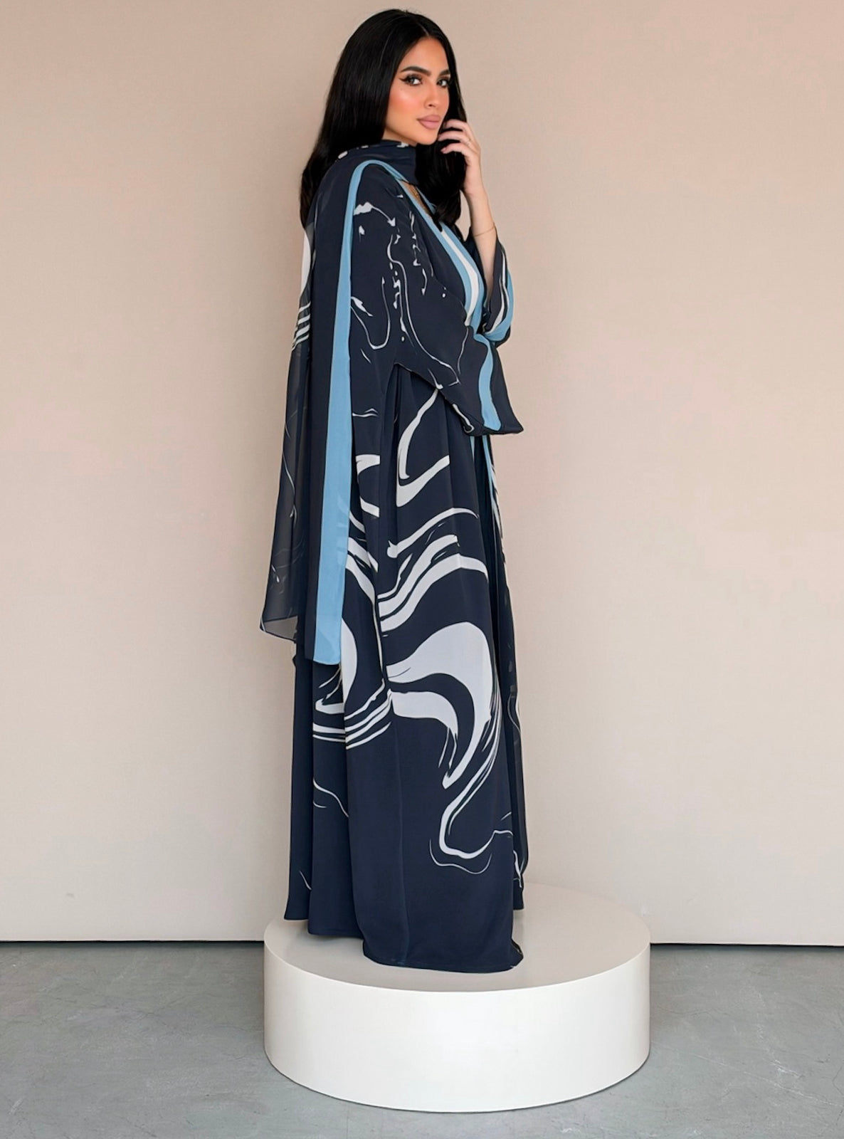 MEI787 - Swirl Print Half Bisht Abaya with Matching Headscarf