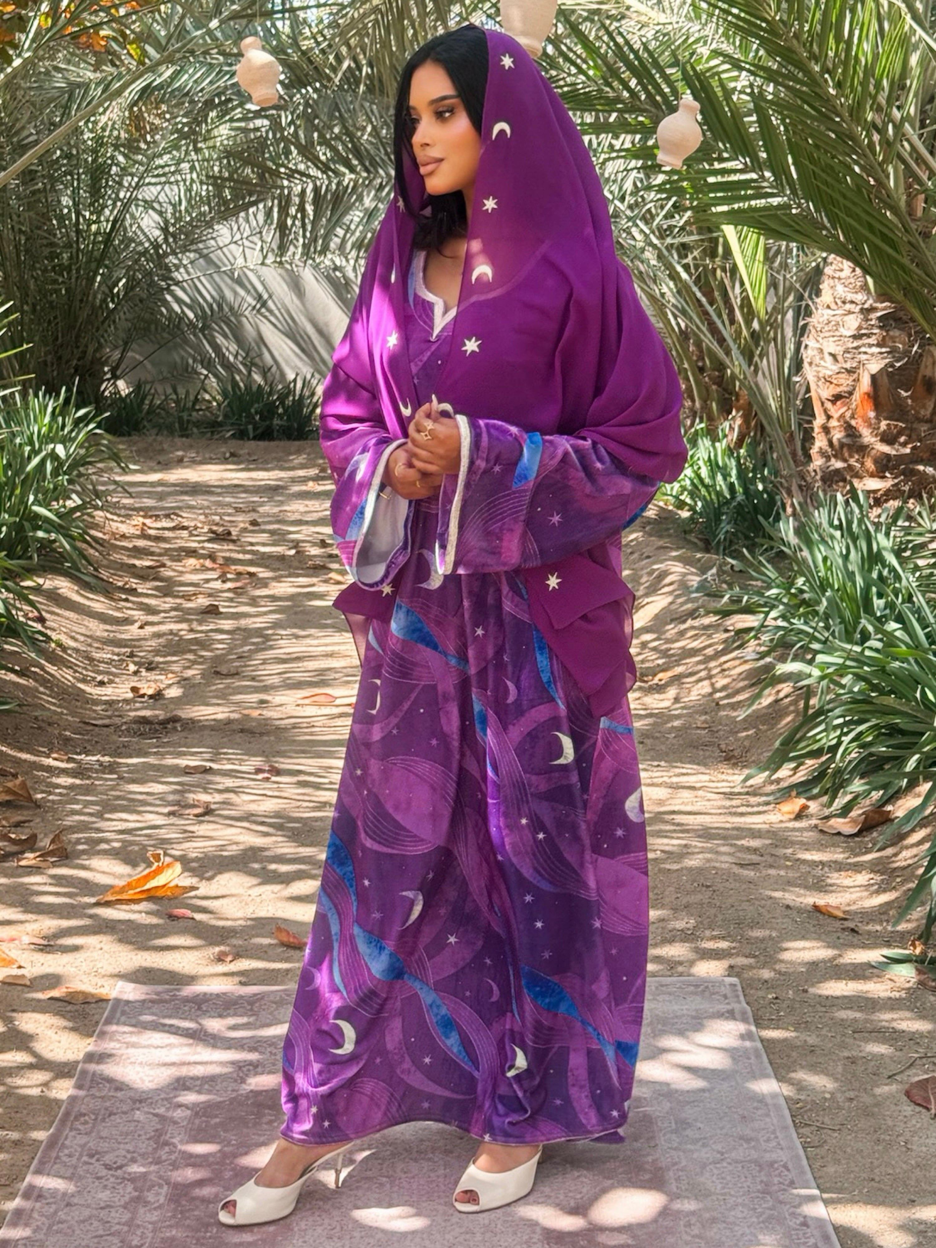 MEI708 - Purple Stars & Moon Embroidered Jalabiya with Headscarf