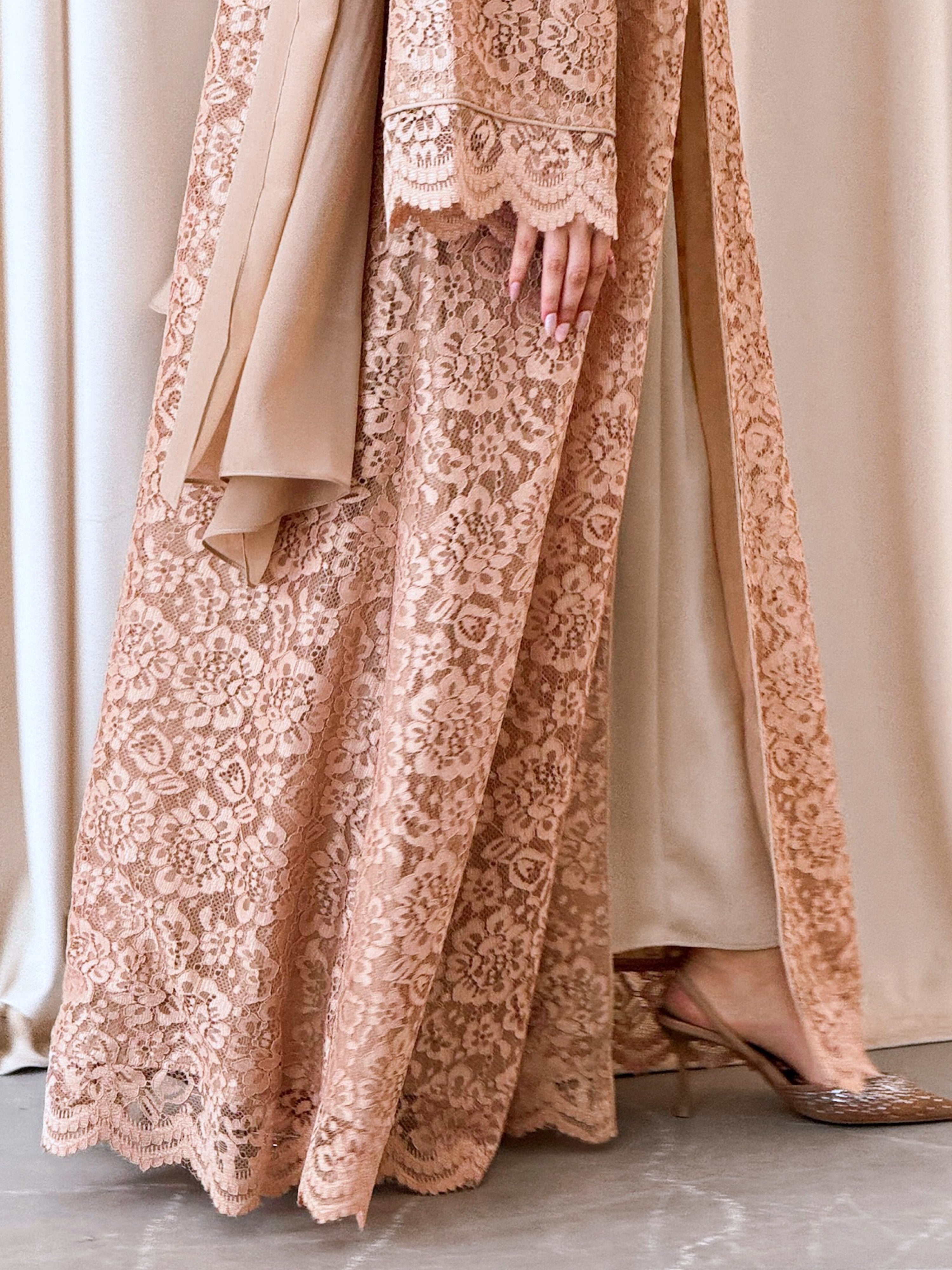 MEI714 - Beige Lace Abaya with Matching Headscarf