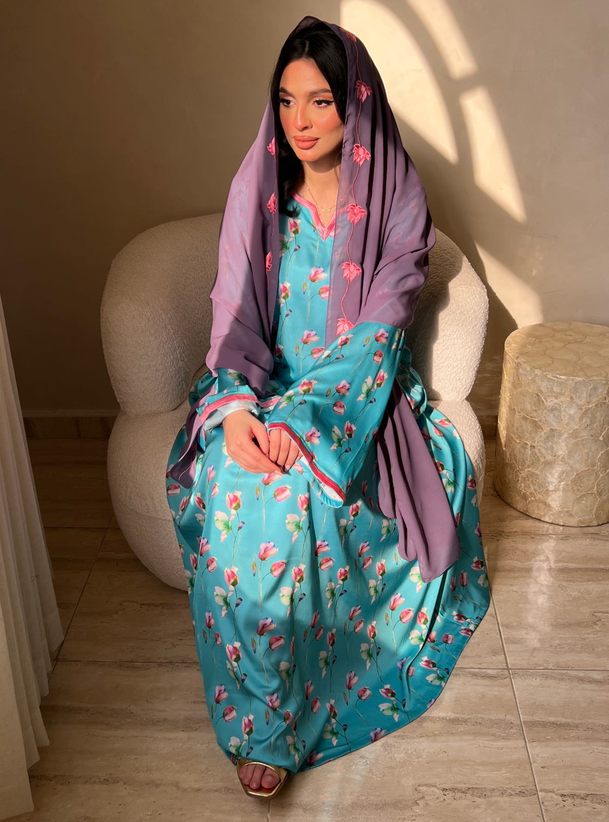 MEI521 - Grace in Aqua Bloom / Floral Embroidered Jalabiya and Shaila