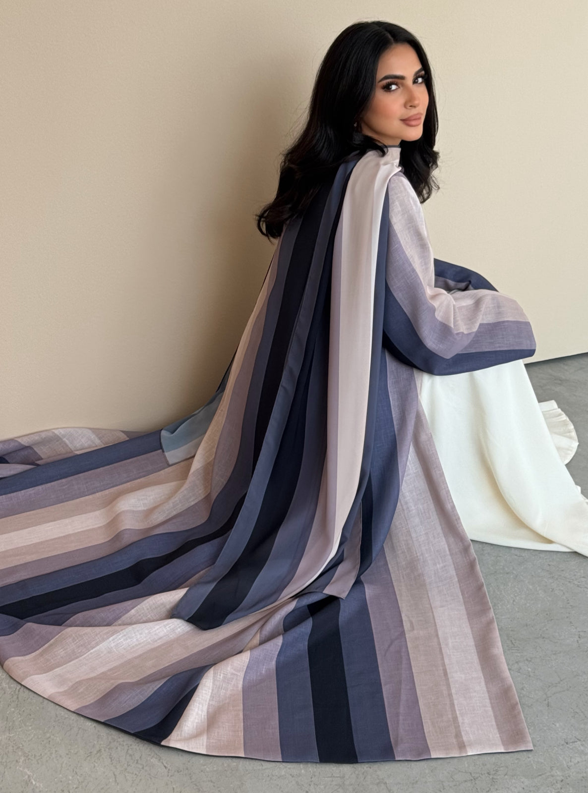 MEI761 - Striped A-Cut Linen Abaya with Matching Headscarf