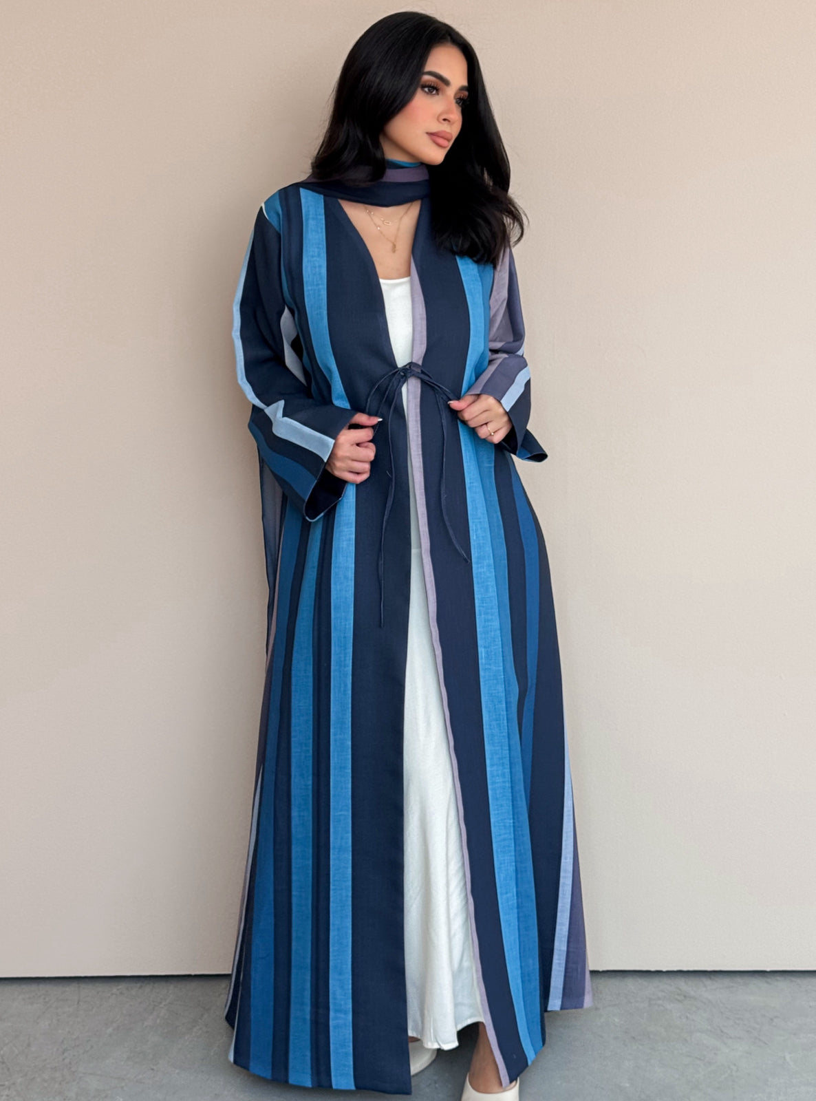 MEI763 - Striped A-Cut Linen Abaya with Matching Headscarf