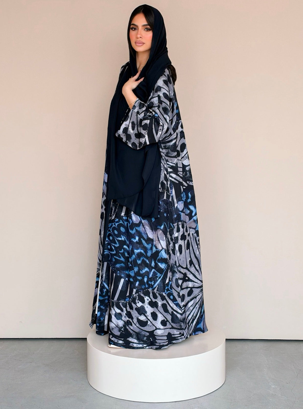 MEI786 - Mixed Prints Half Bisht Abaya with Matching Headscarf