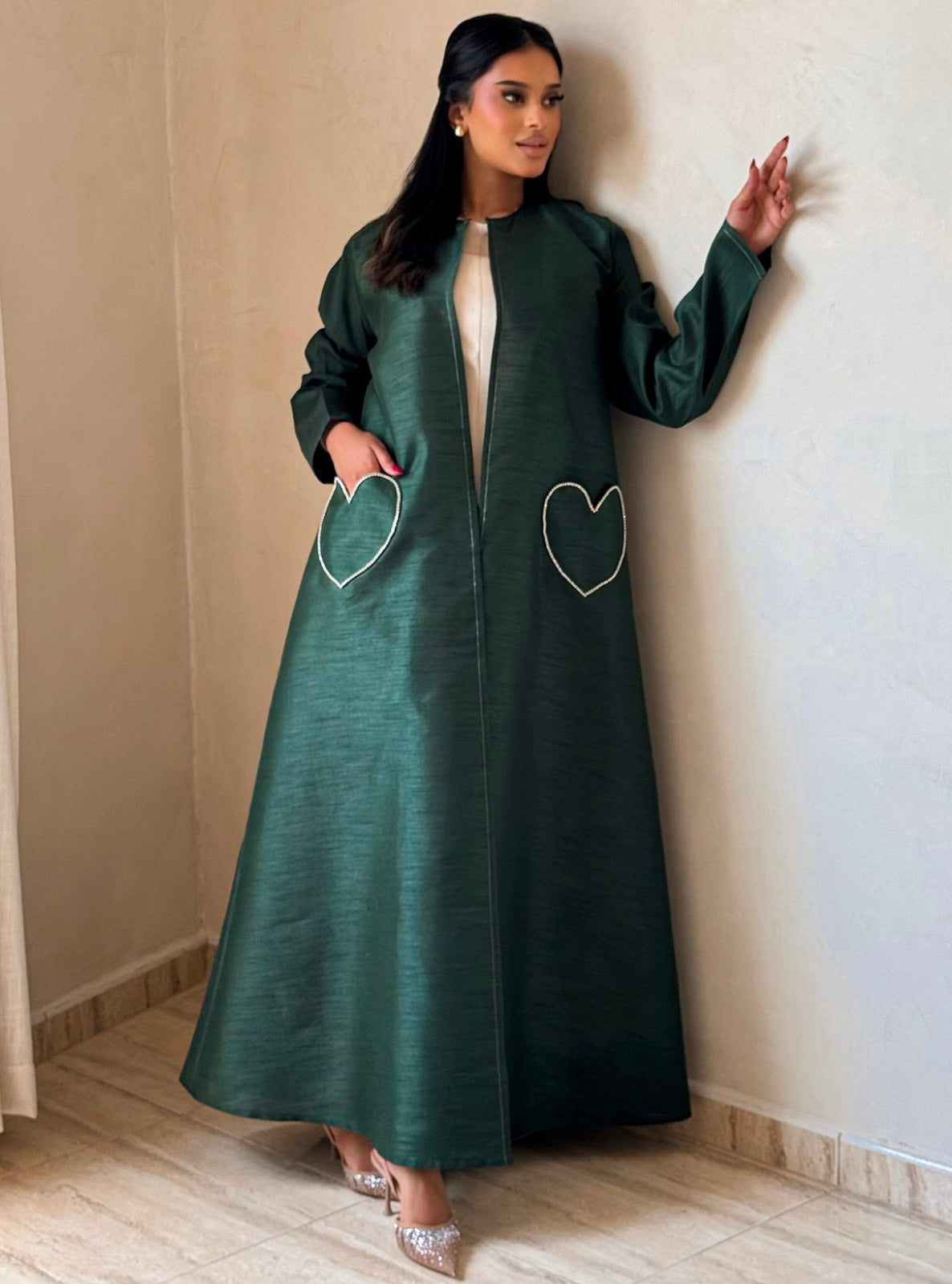 MEI727 - Green A-Cut Taffeta & Crystals Abaya with Headscarf
