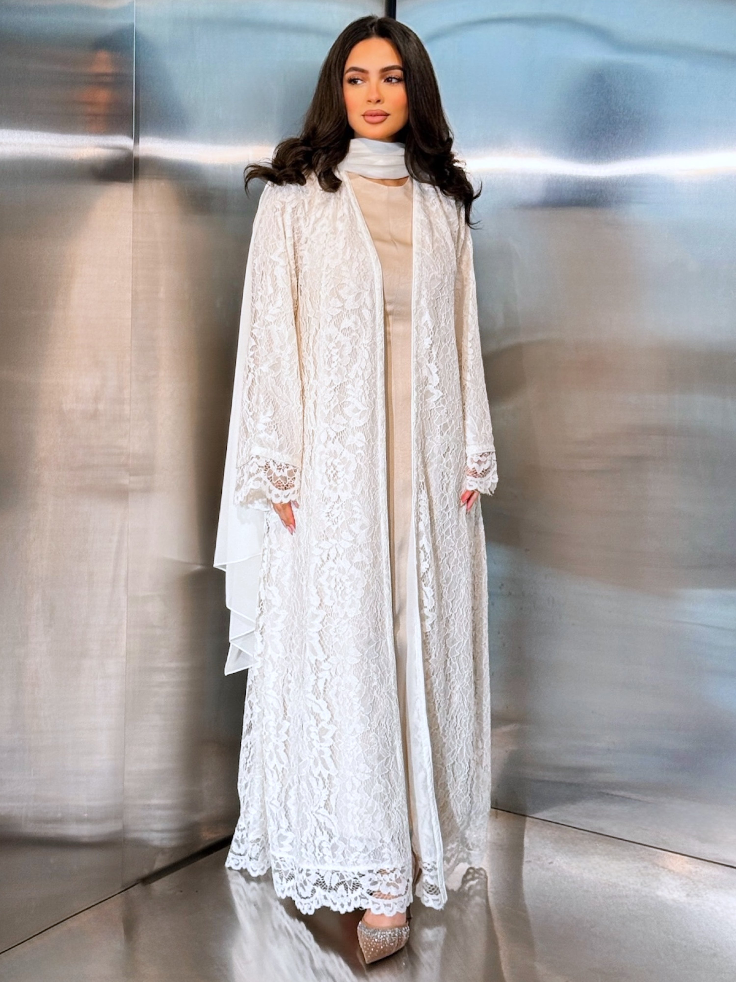 MEI712 - Off White Lace Abaya with Matching Headscarf