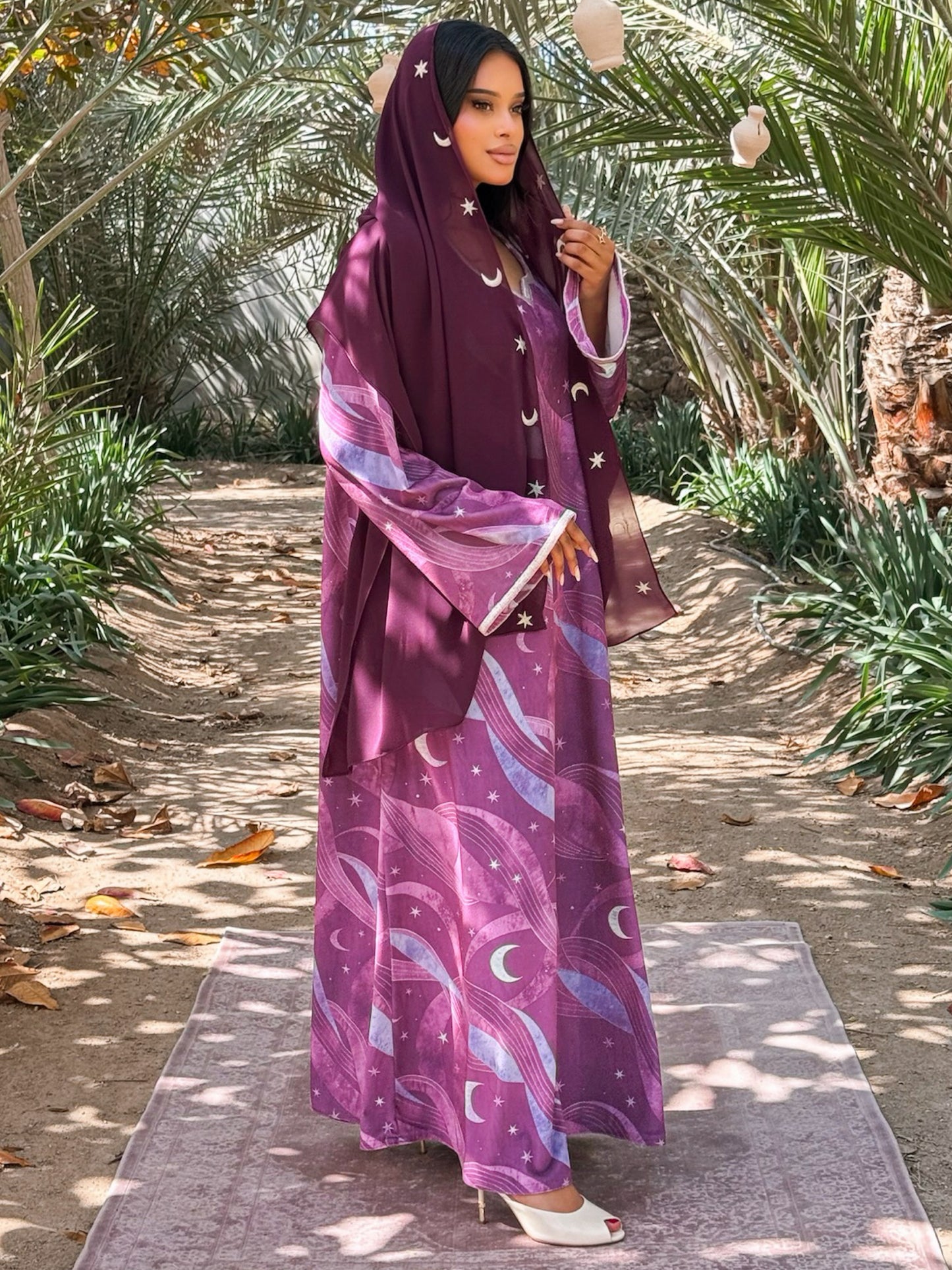 MEI710 - Burgundy Stars & Moon Embroidered Jalabiya with Headscarf