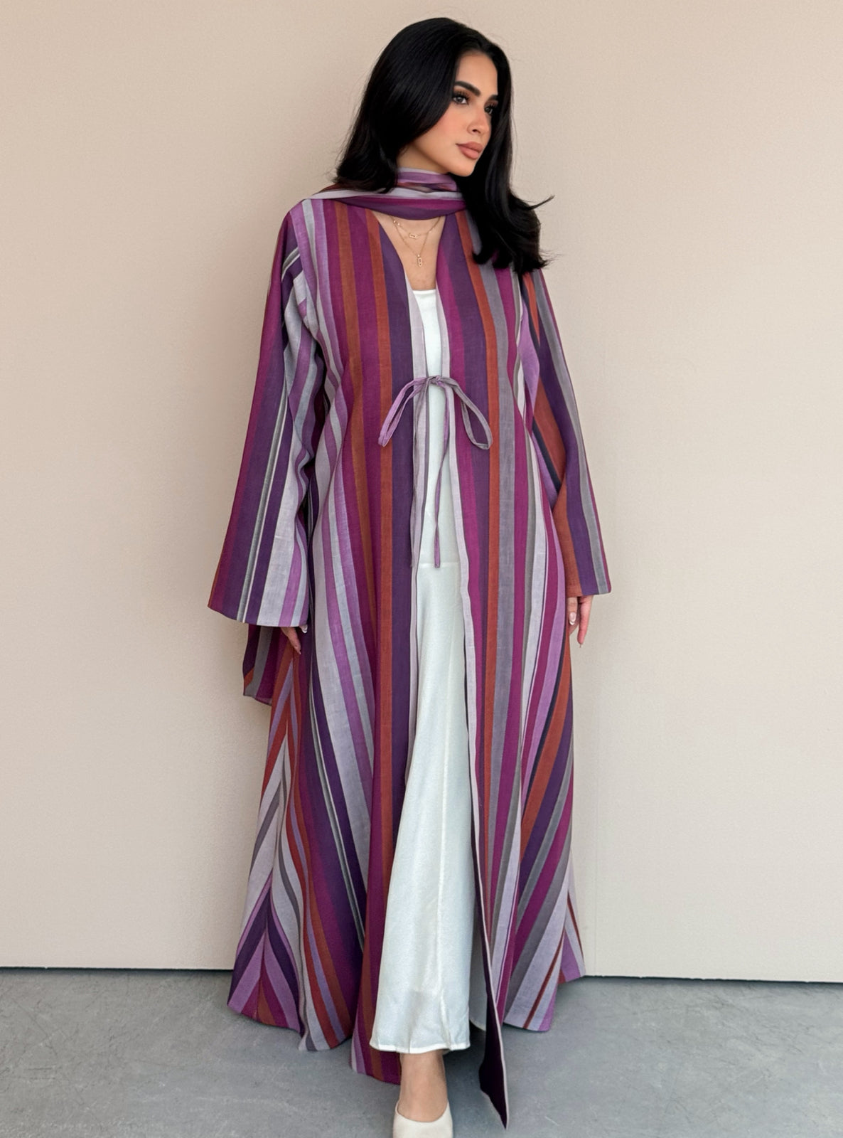 MEI762 - Striped A-Cut Linen Abaya with Matching Headscarf