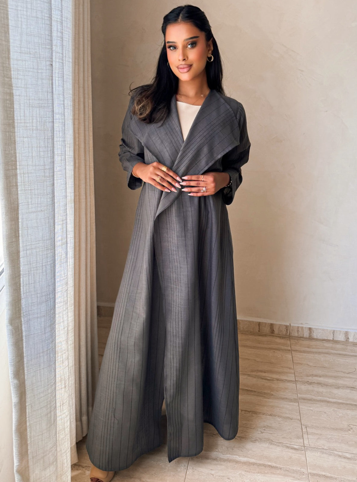 MEI747 - Striped Dark Grey A-Cut Linen Abaya with Matching Headscarf