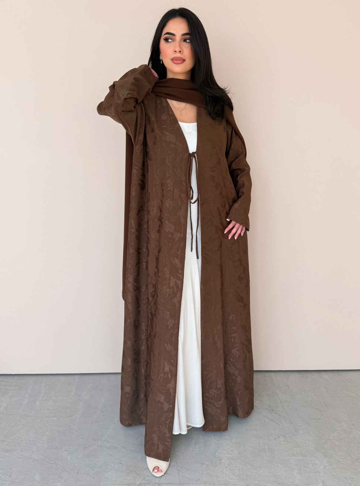 MEI771 - Jacquard A-Cut Abaya in Brown with Matching Headscarf