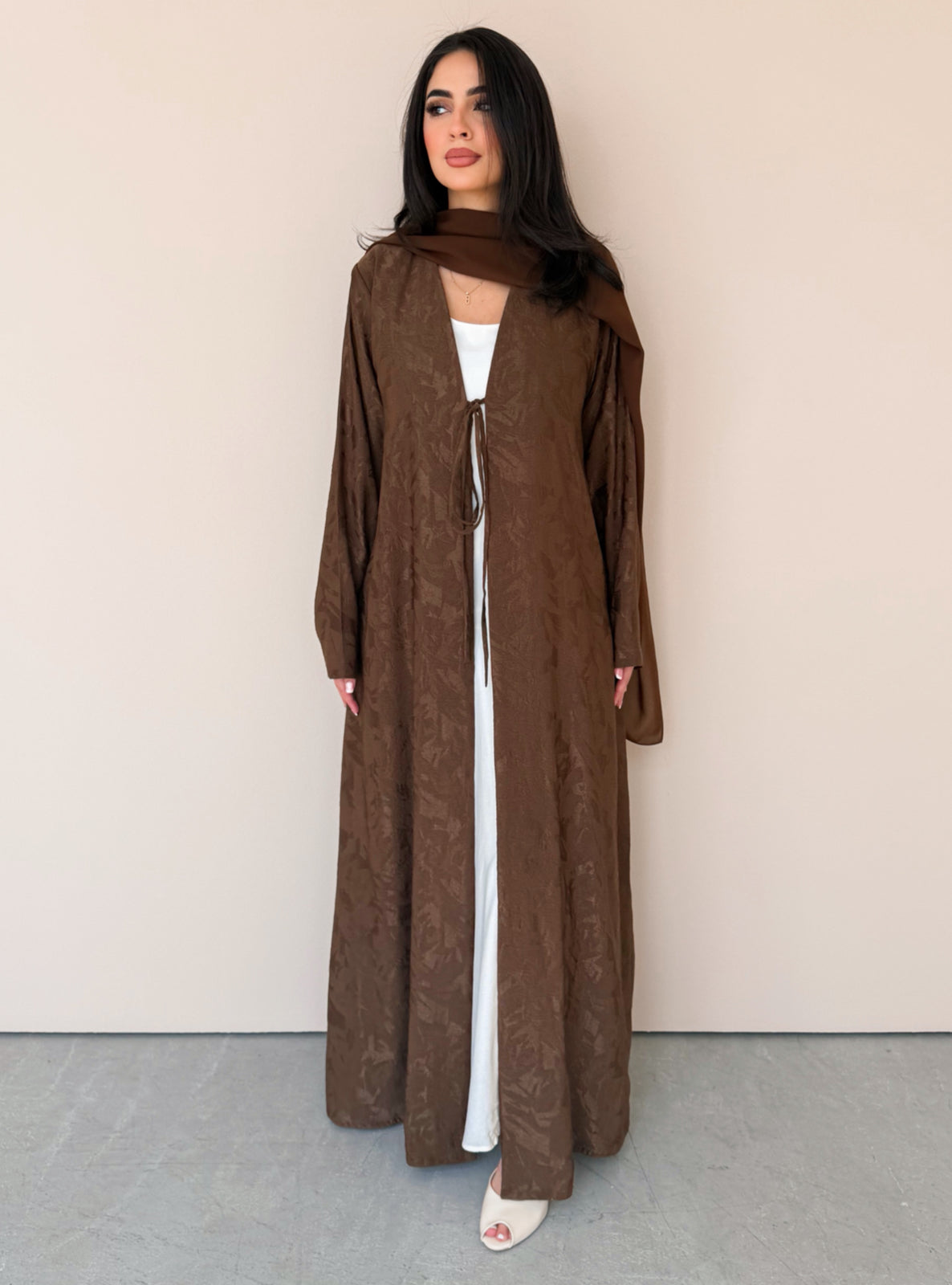MEI771 - Jacquard A-Cut Abaya in Brown with Matching Headscarf