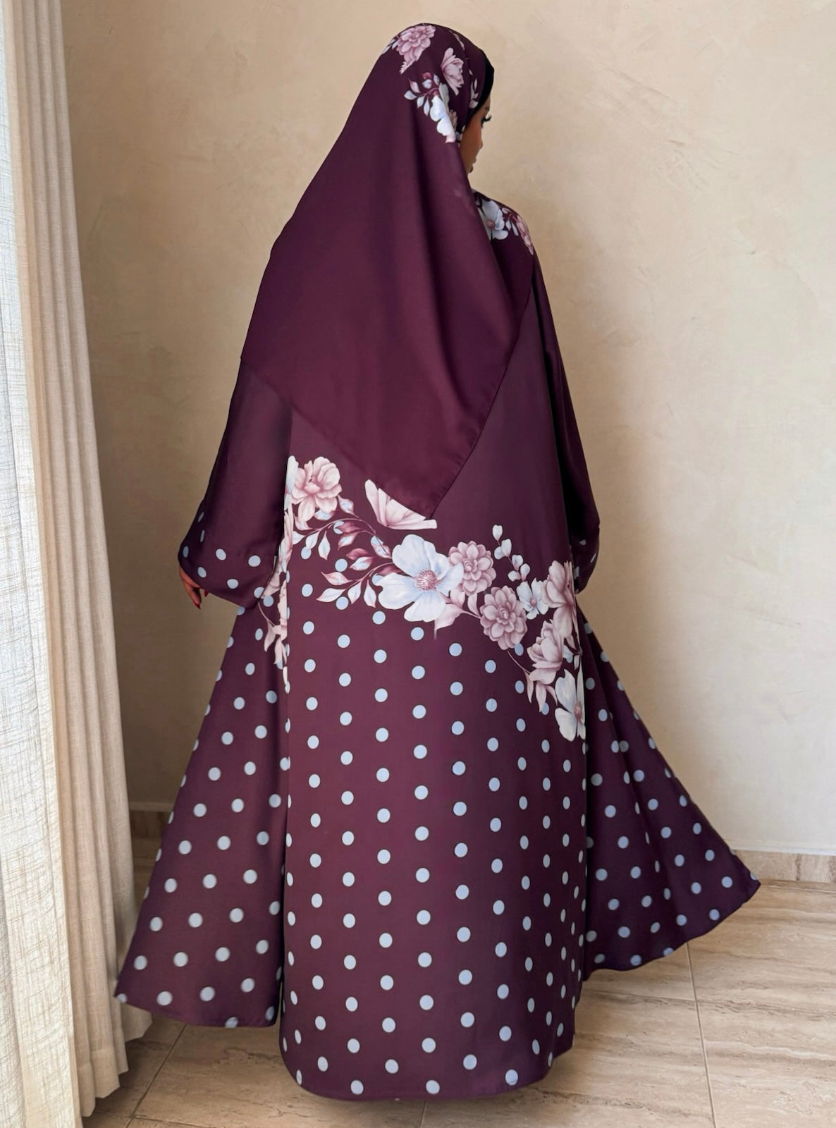 MEI742 - Plum Half Bisht Polka Floral Abaya with Matching Headscarf