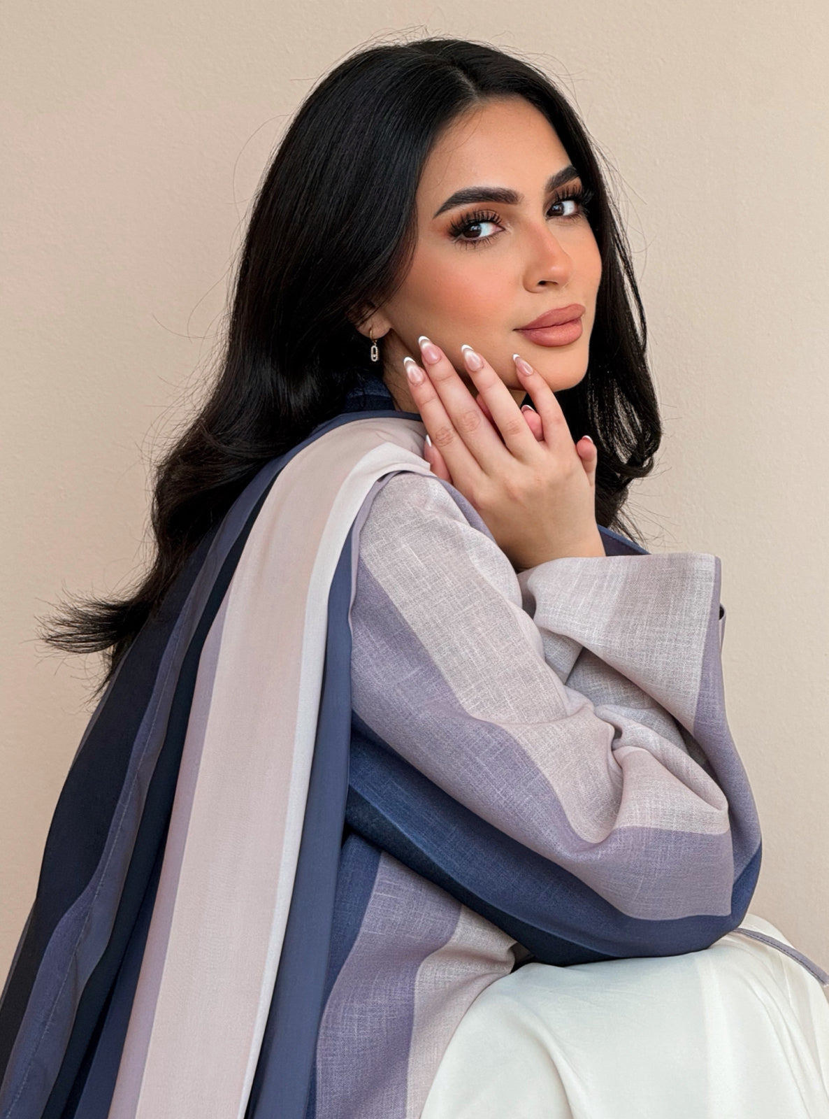 MEI761 - Striped A-Cut Linen Abaya with Matching Headscarf
