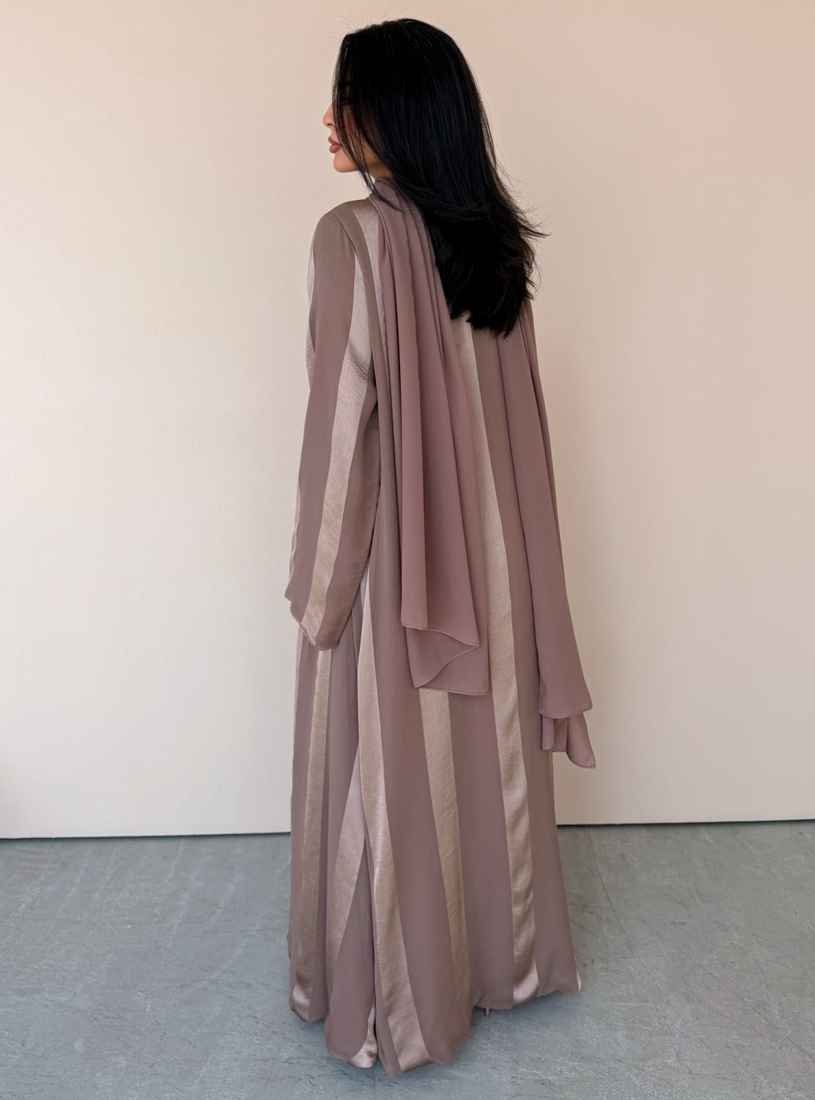 MEI767 - Aura A-Cut Abaya in Warm Taupe with Matching Headscarf