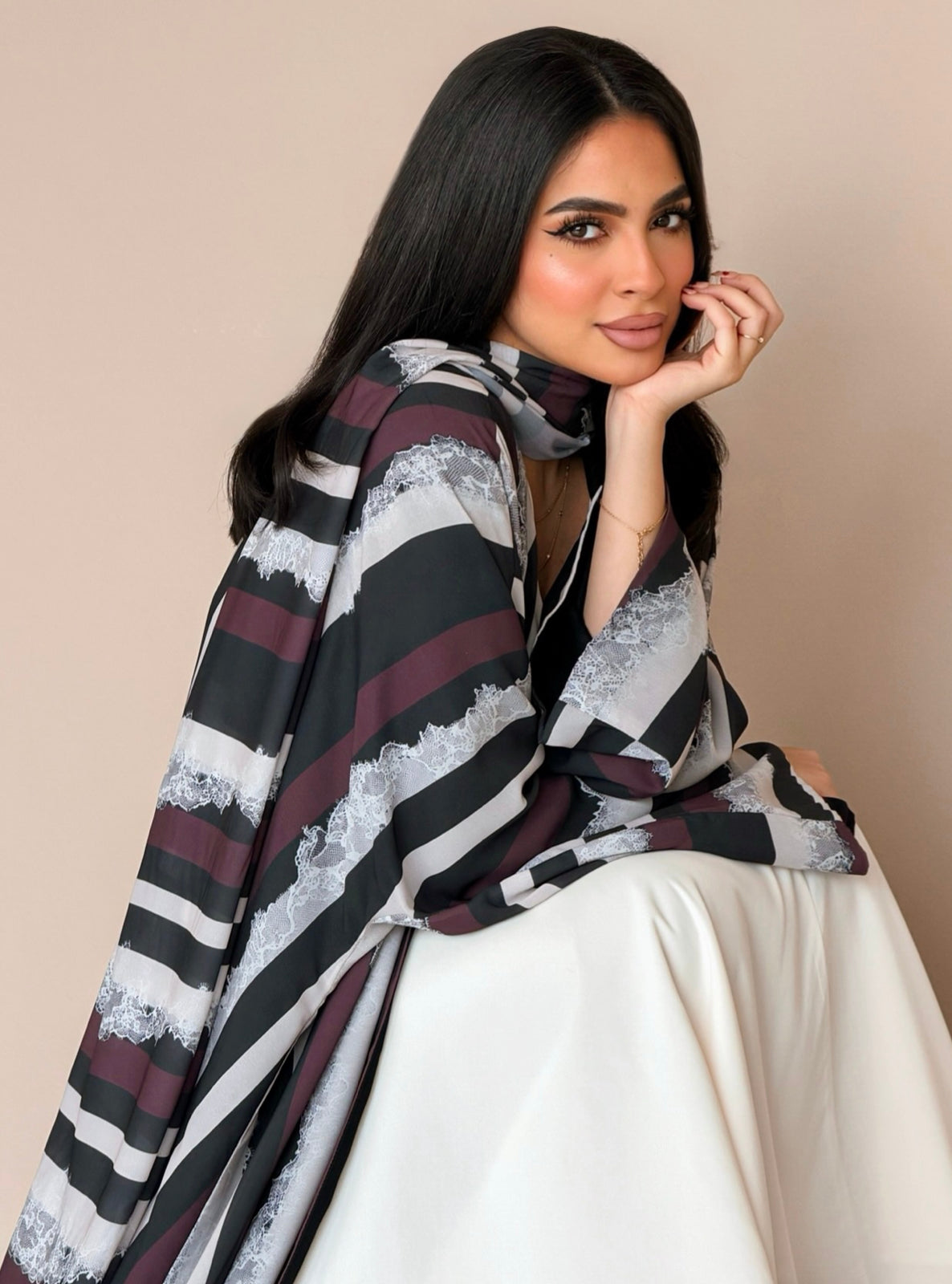 MEI783 - Stripes & Lace Print Half Bisht Abaya with Matching Headscarf